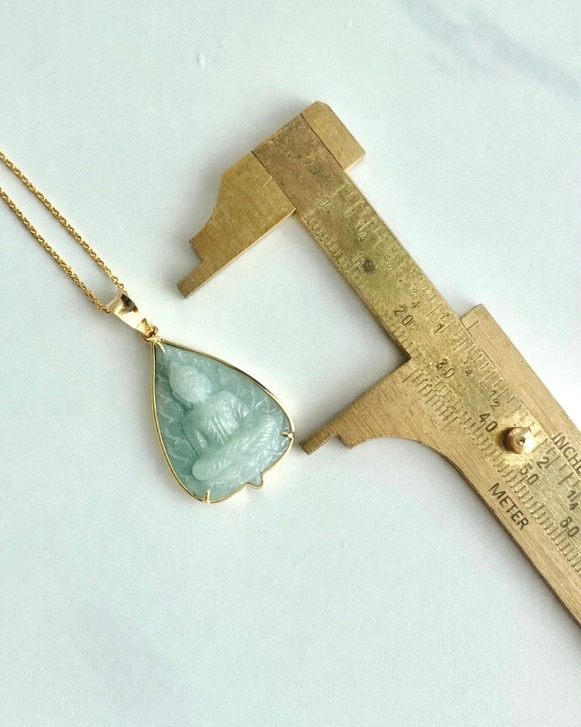 Jade Banyan Leaf Buddha Pendant 14k Gold #906