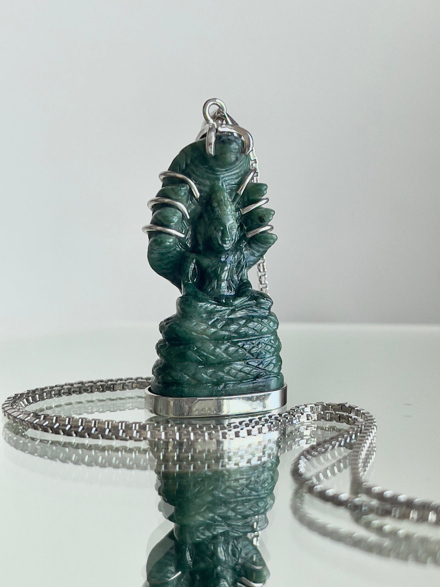 Khmer Style Green Pursat Stone Naga Buddha in Silver