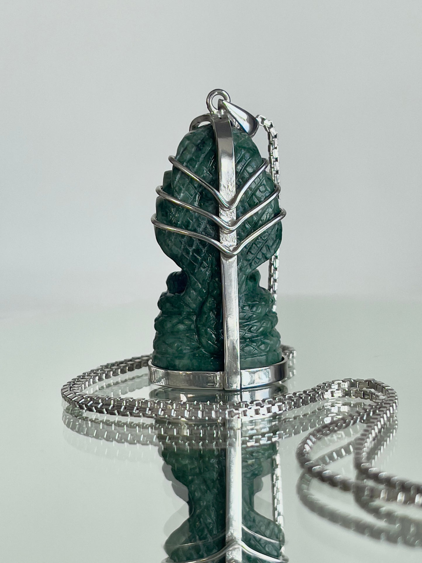 Khmer Style Green Pursat Stone Naga Buddha in Silver