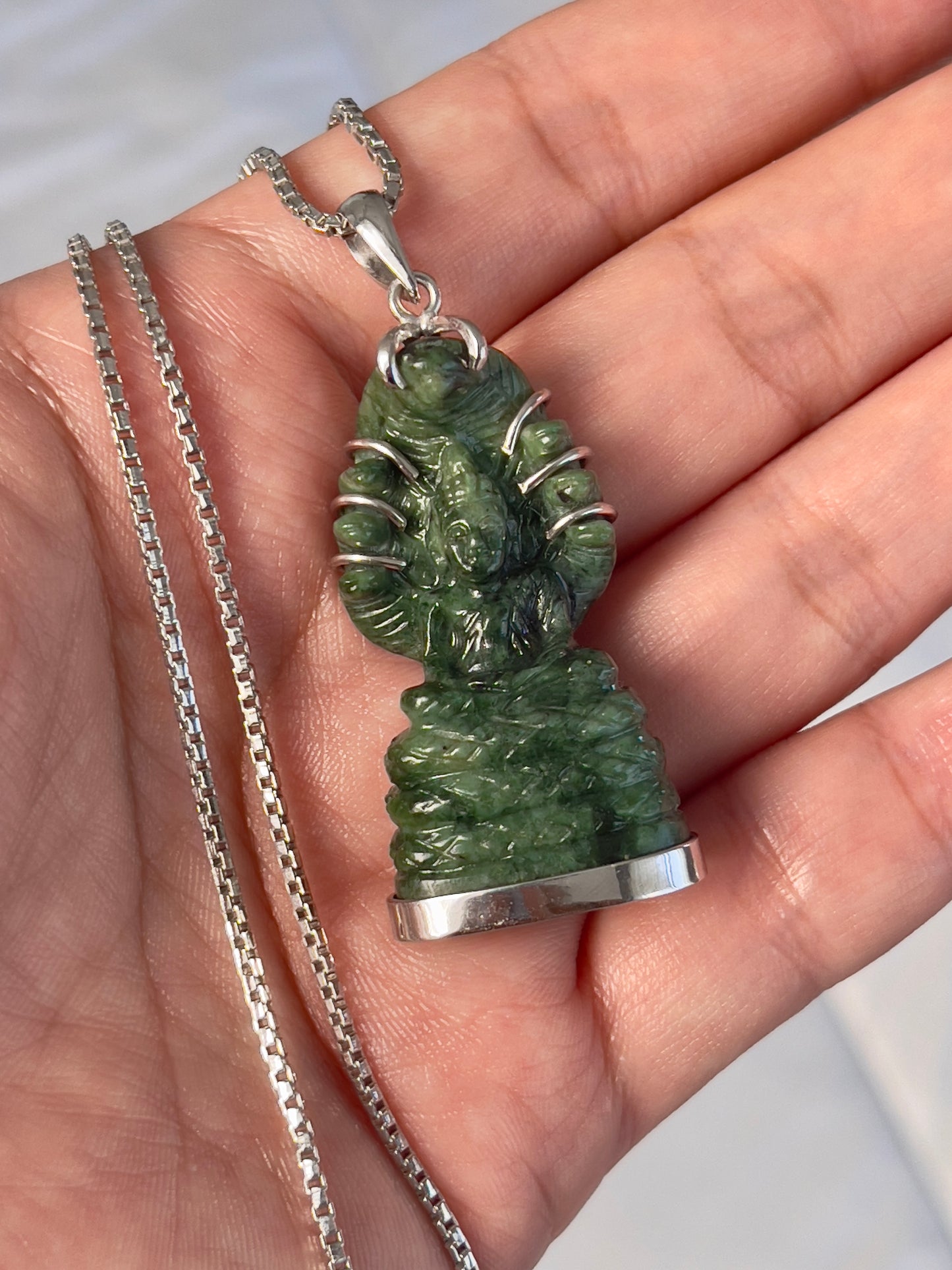 Khmer Style Green Pursat Stone Naga Buddha in Silver