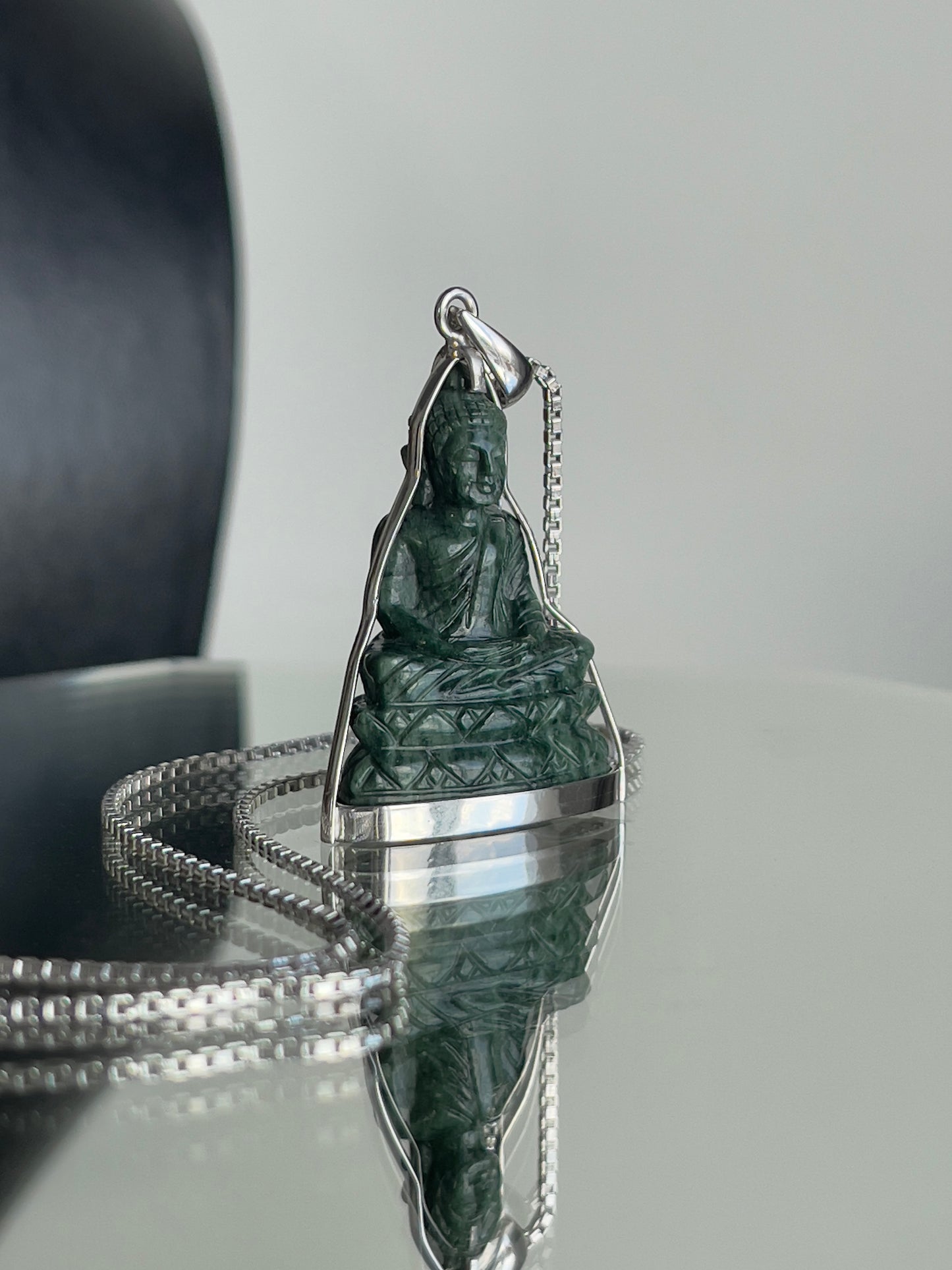 Khmer Style Green Pursat Stone Buddha in Silver