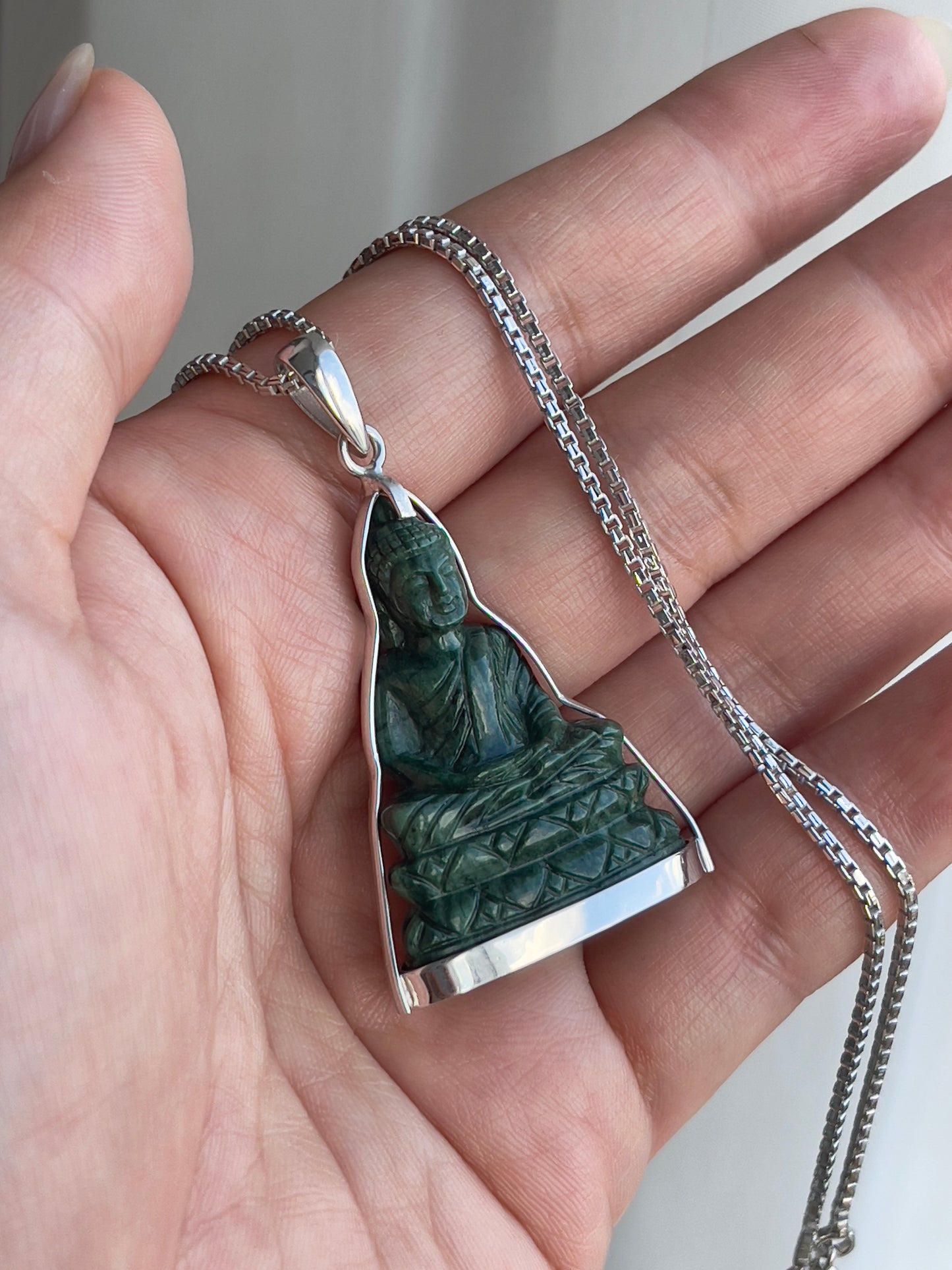Khmer Style Green Pursat Stone Buddha in Silver