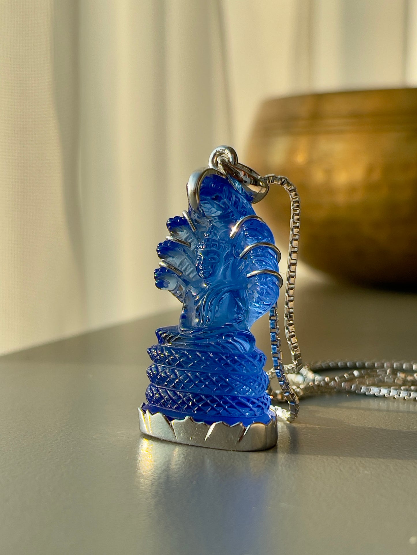 Blue Naga Buddha in Silver with Lotus Motif