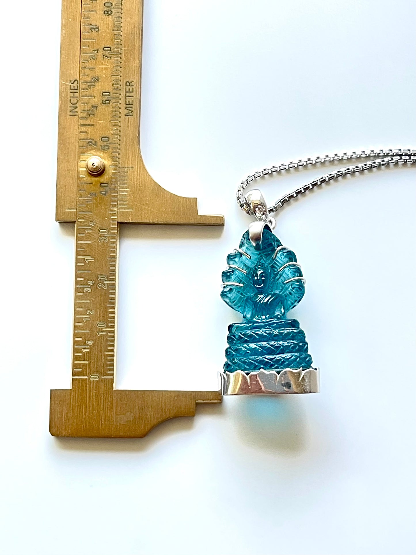 Muted Blue Naga Buddha in Silver with Lotus Motif & CZ Bail #862
