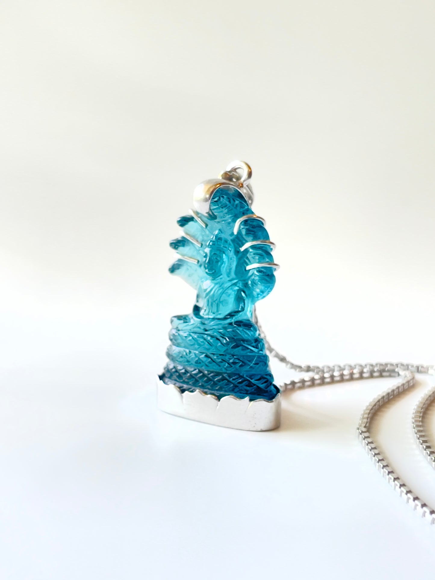 Muted Blue Naga Buddha in Silver with Lotus Motif & CZ Bail #862