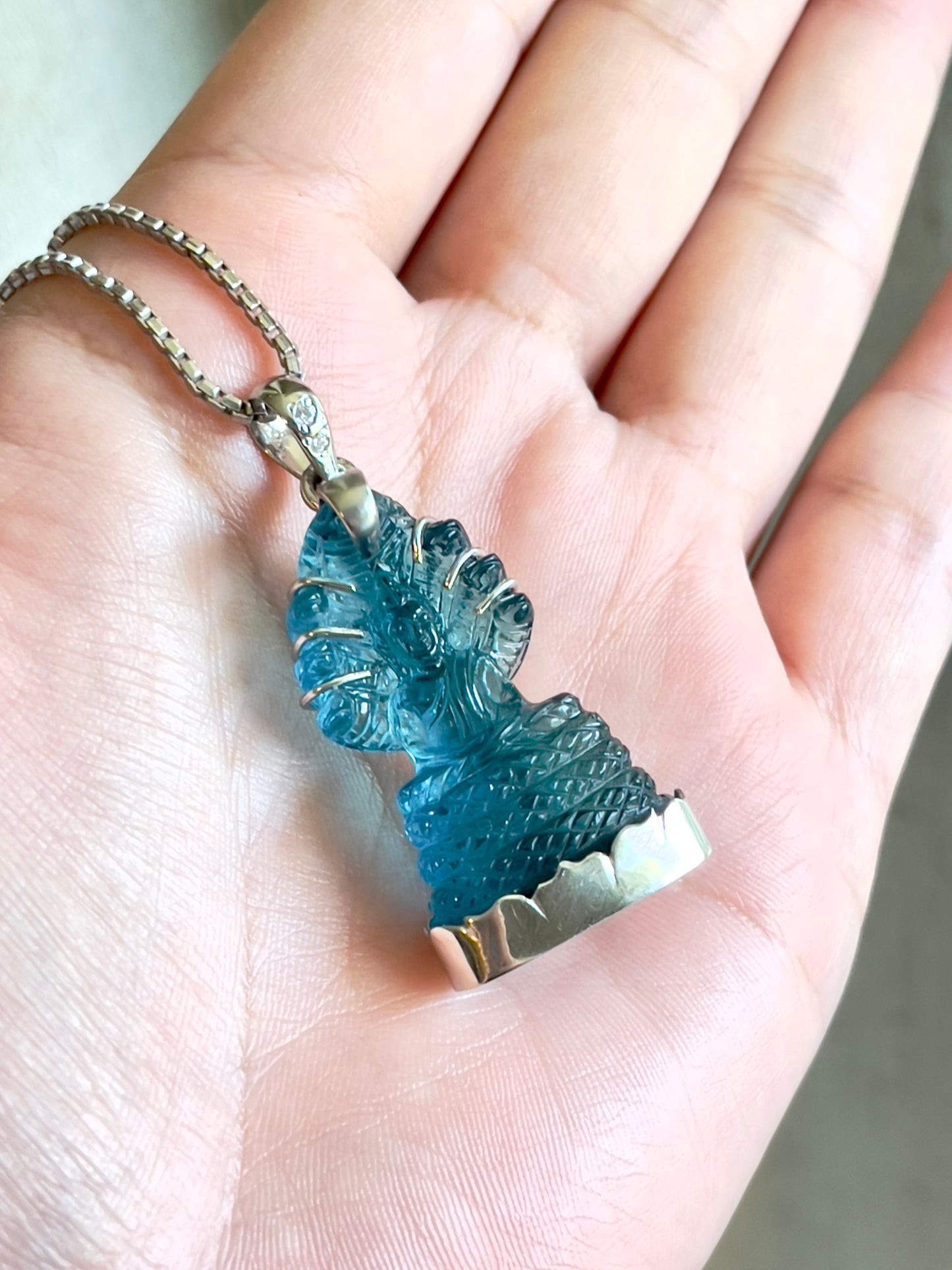 Muted Blue Naga Buddha in Silver with Lotus Motif & CZ Bail #862