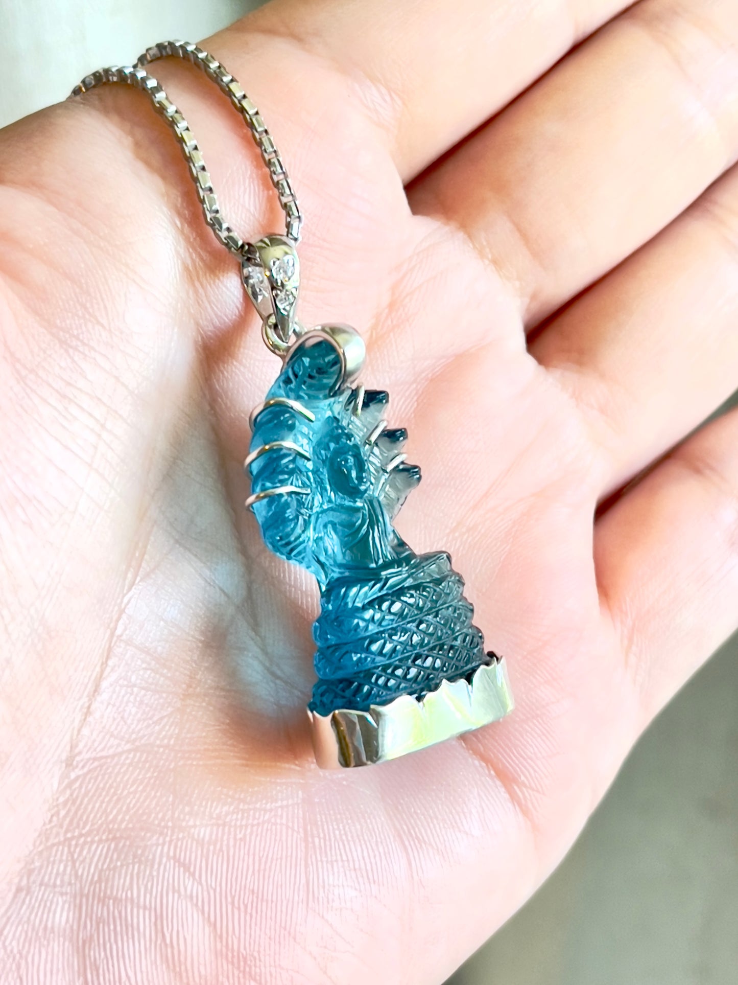 Muted Blue Naga Buddha in Silver with Lotus Motif & CZ Bail #862