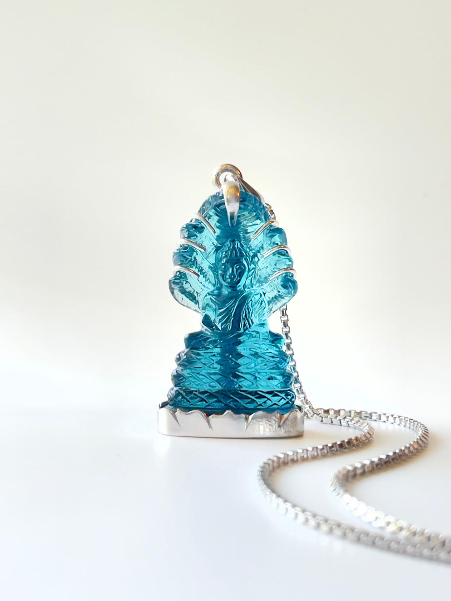 Muted Blue Naga Buddha in Silver with Lotus Motif #863