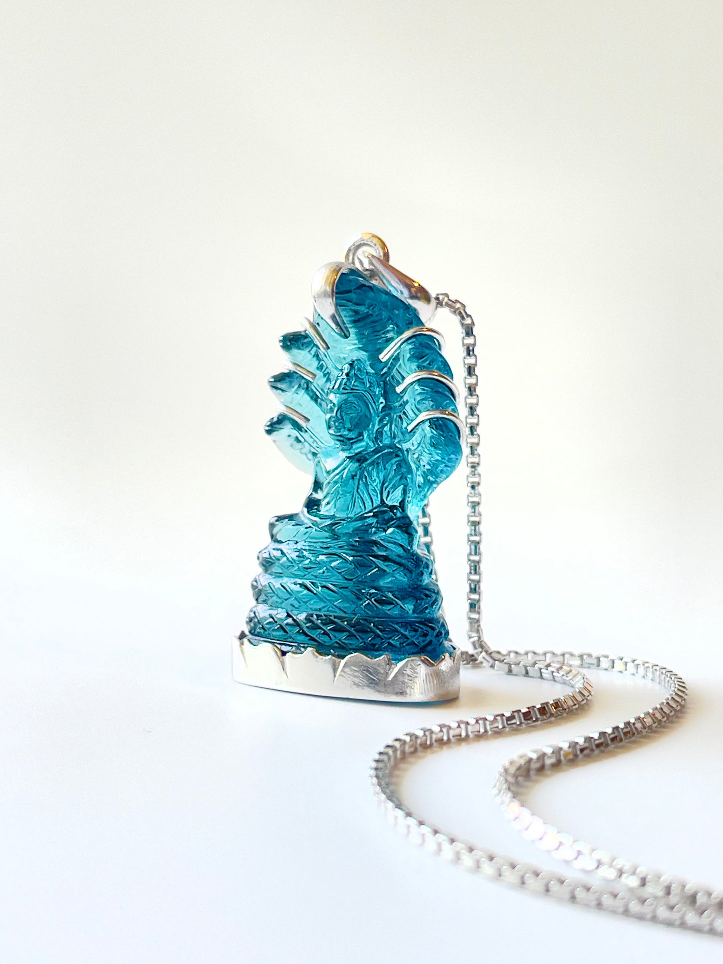 Muted Blue Naga Buddha in Silver with Lotus Motif #863