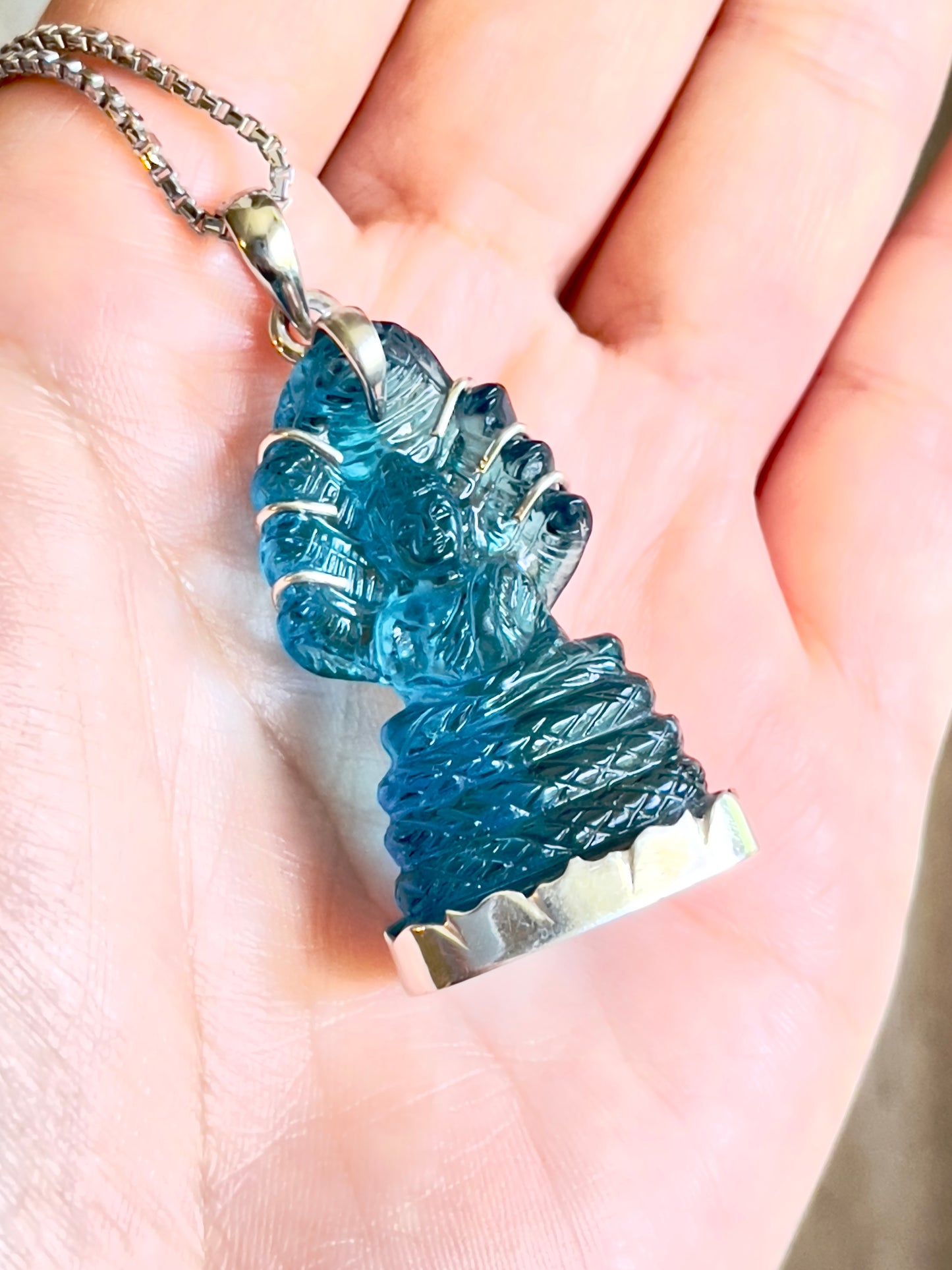 Muted Blue Naga Buddha in Silver with Lotus Motif #863
