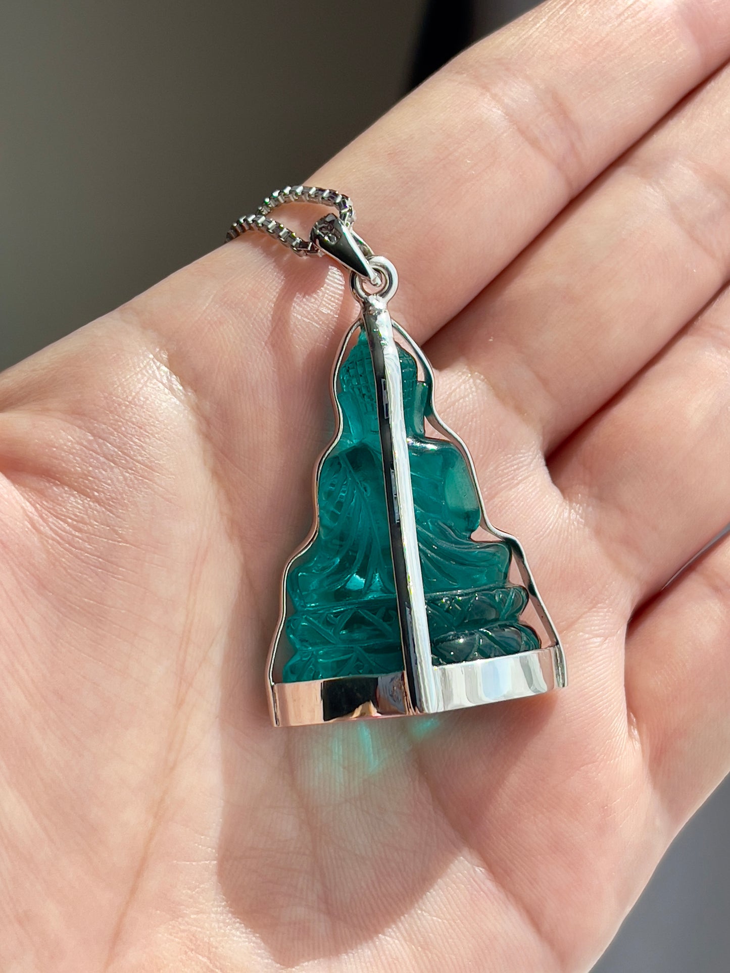 Teal Buddha in Silver with Lotus Motif