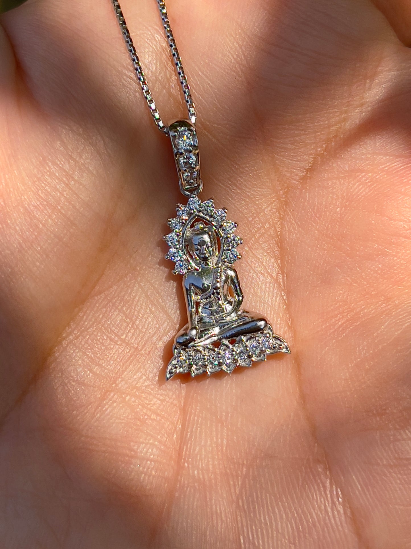 White Gold Plated Silver Buddha Pendant with Cubic Zirconia