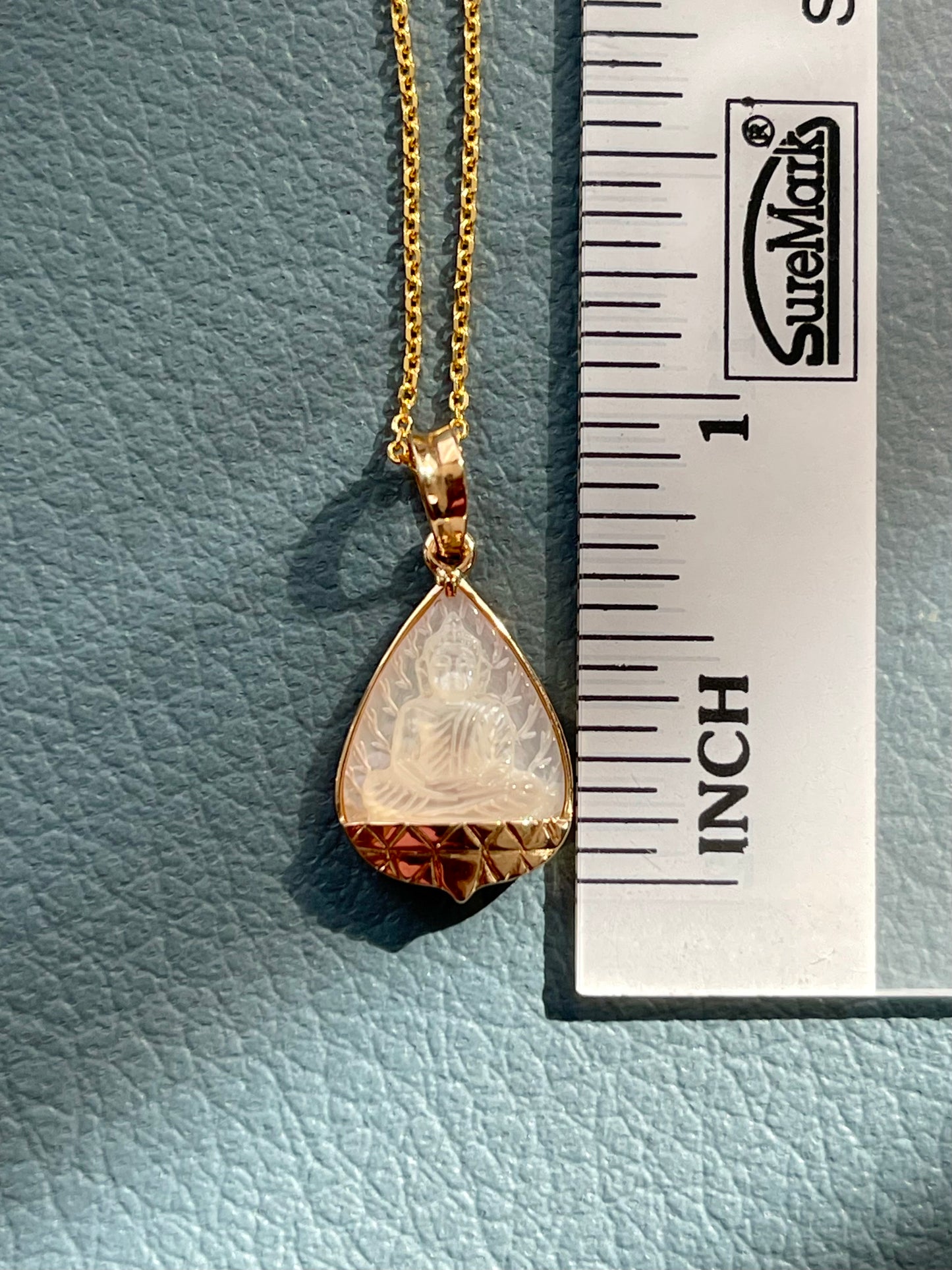 Mother of Pearl Banyan Leaf Buddha with Gold Lotus Pendant 18k Gold