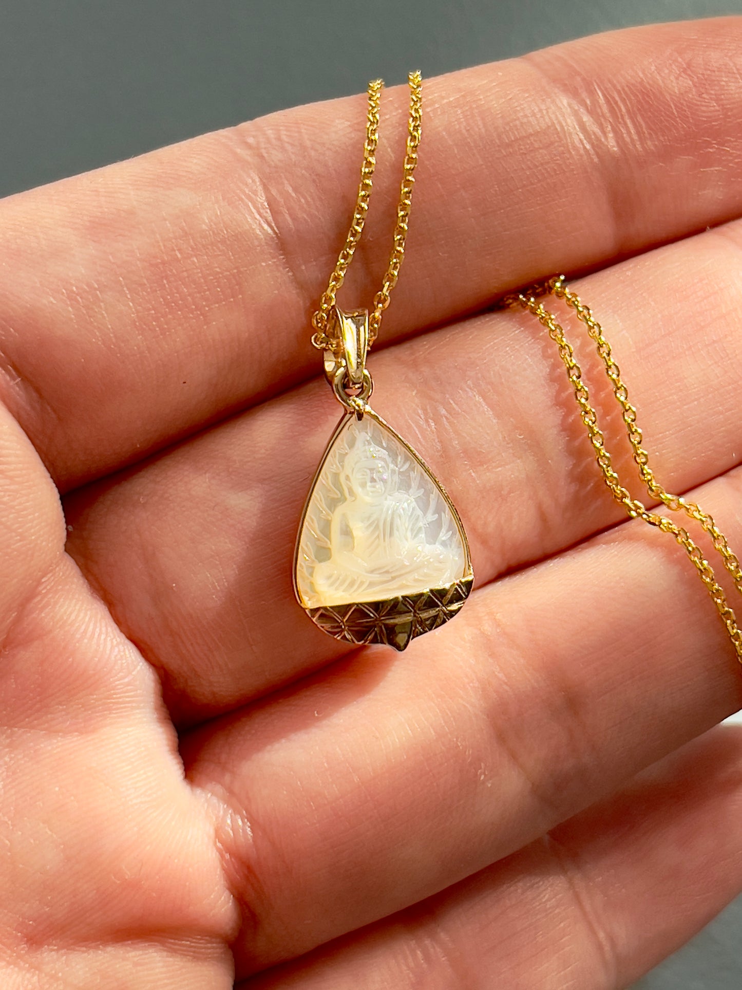 Mother of Pearl Banyan Leaf Buddha with Gold Lotus Pendant 18k Gold