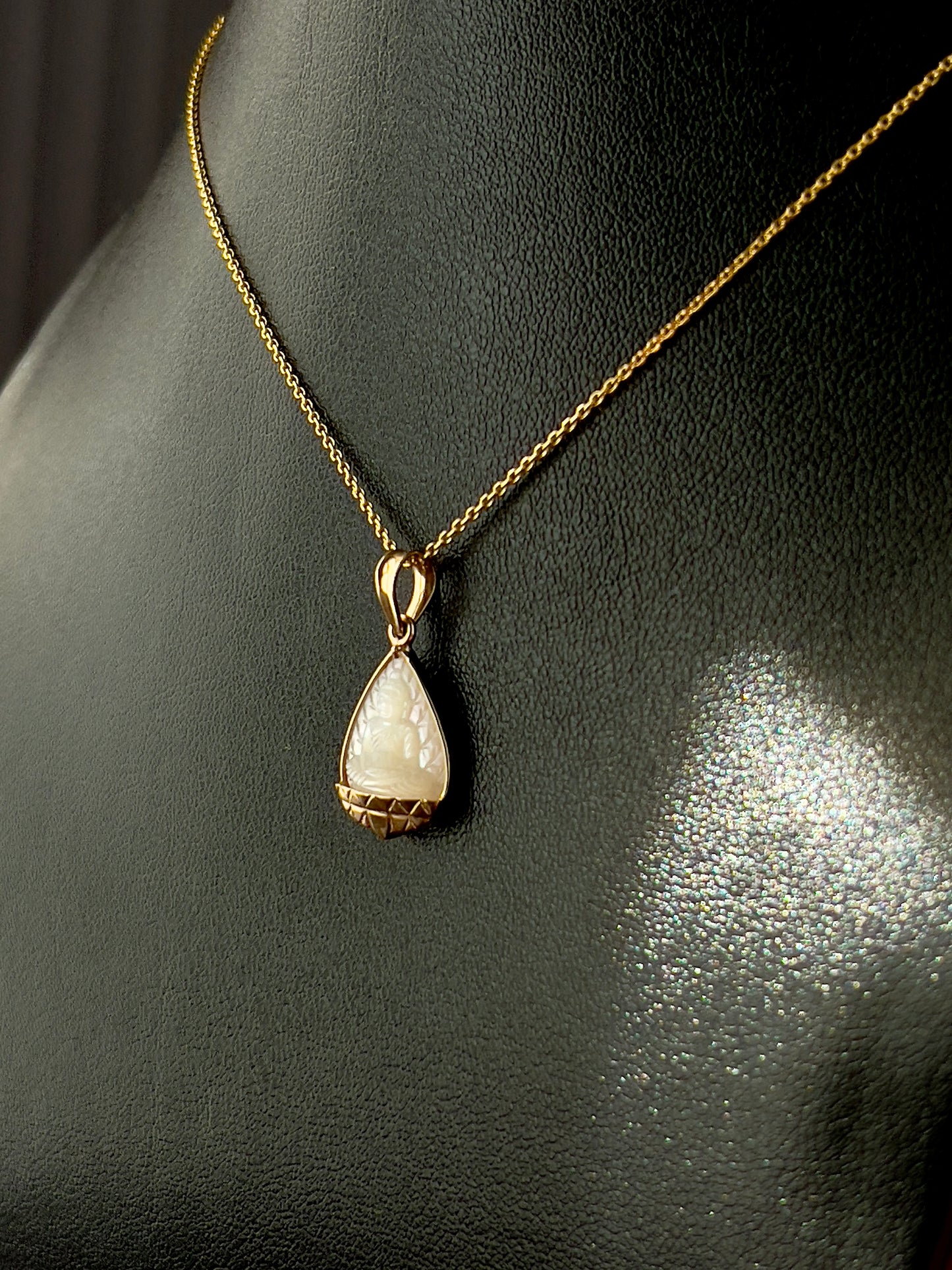 Mother of Pearl Banyan Leaf Buddha with Gold Lotus Pendant 18k Gold