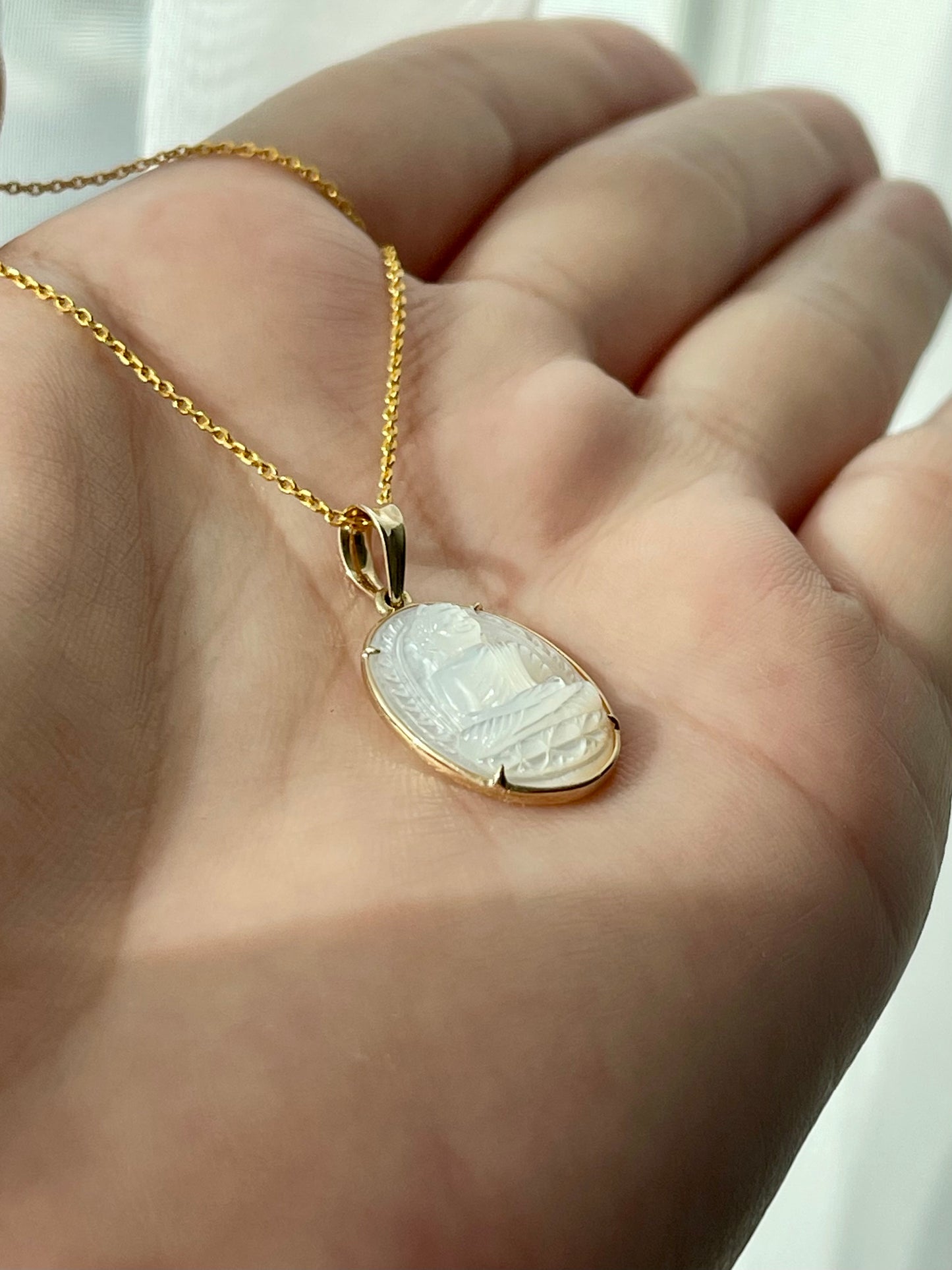 Mother of Pearl Oval Cabochon Buddha Pendant 18k Gold