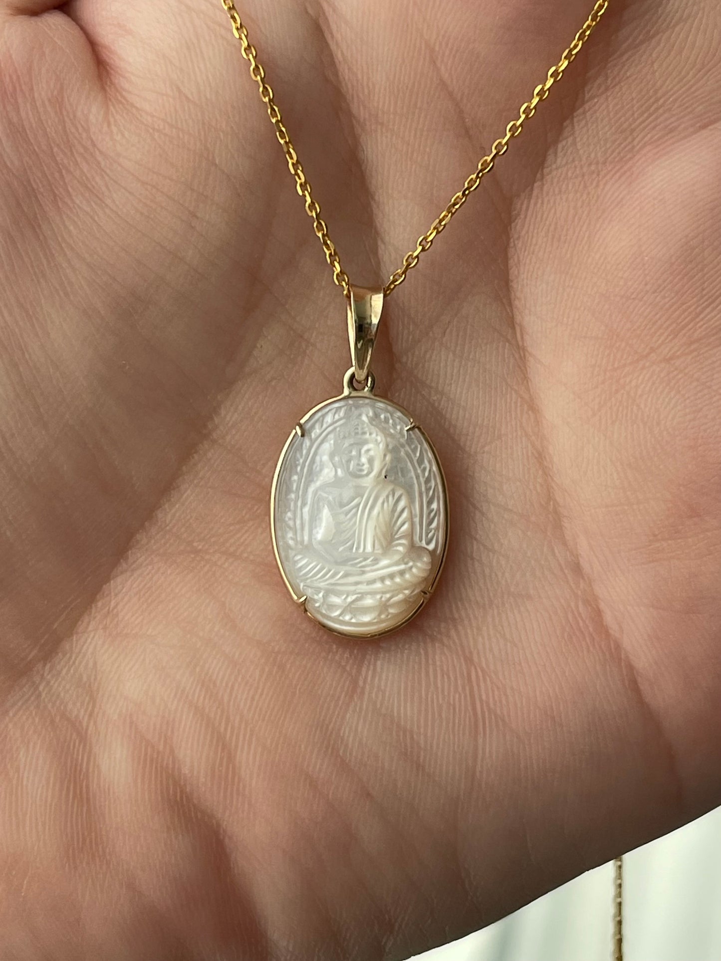 Mother of Pearl Oval Cabochon Buddha Pendant 18k Gold
