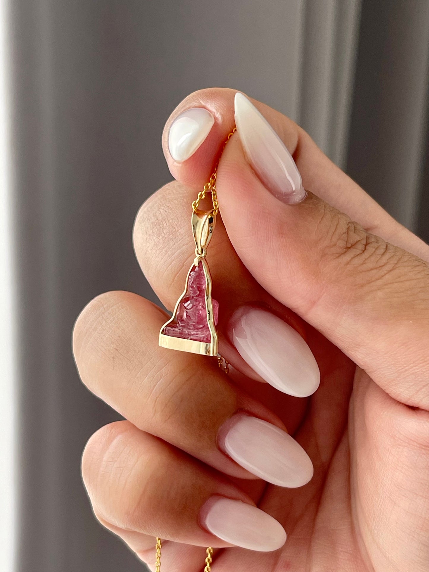 Mini Pink Tourmaline Gemstone Buddha Pendant in 10k Yellow Gold #870