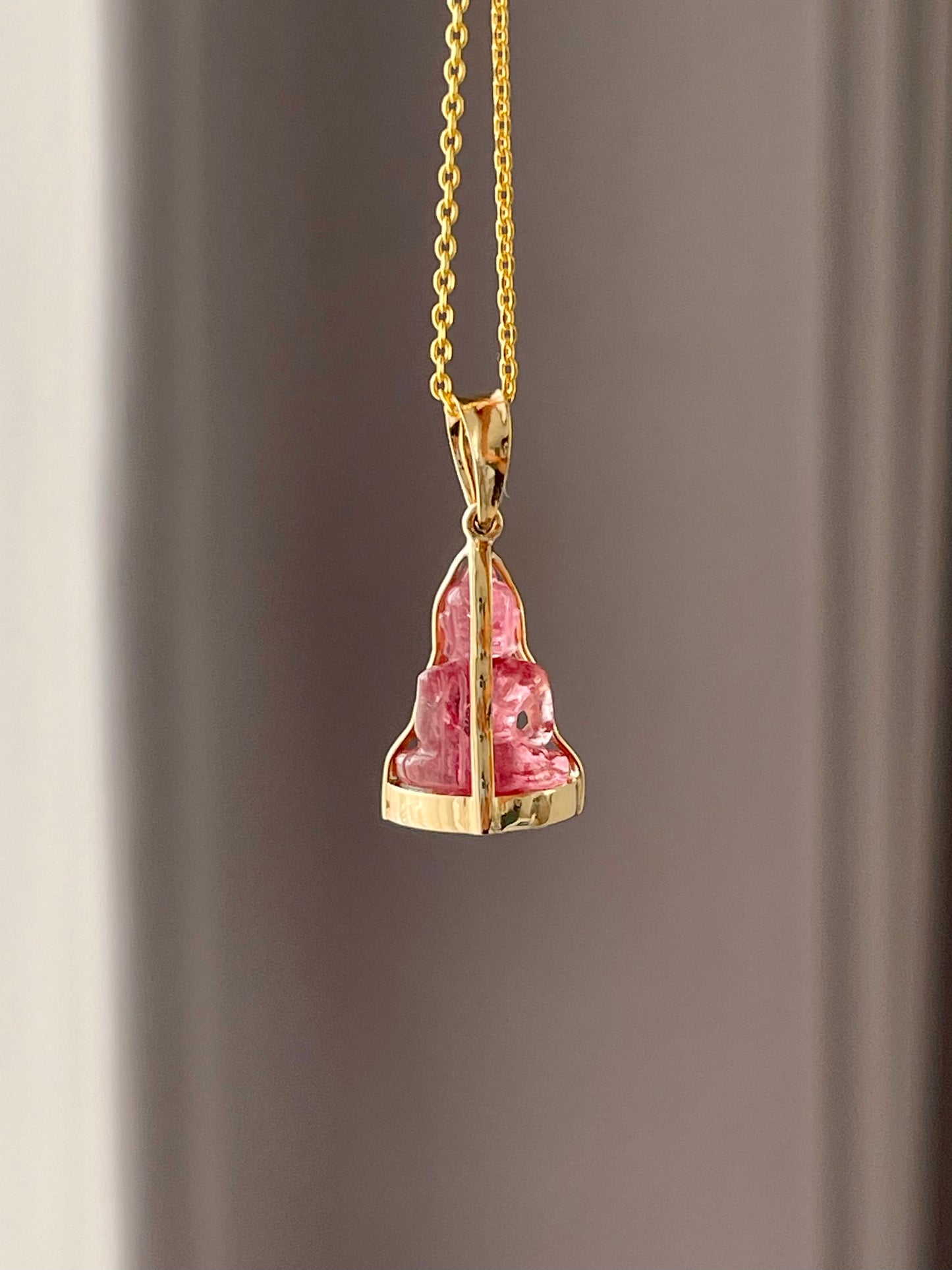 Mini Pink Tourmaline Gemstone Buddha Pendant in 10k Yellow Gold #870