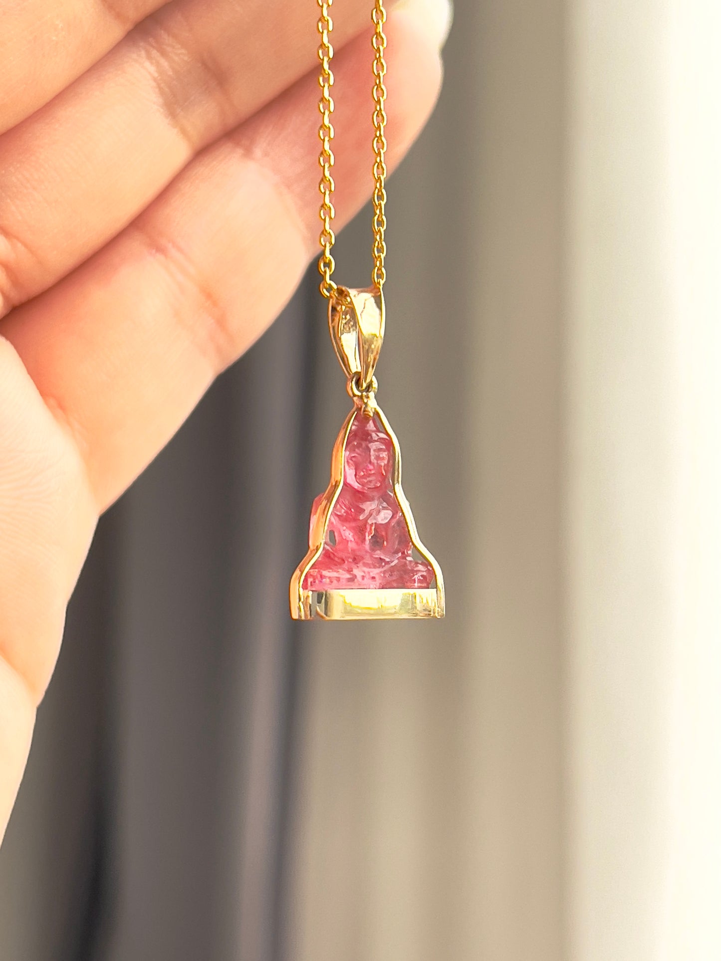 Mini Pink Tourmaline Gemstone Buddha Pendant in 10k Yellow Gold #870