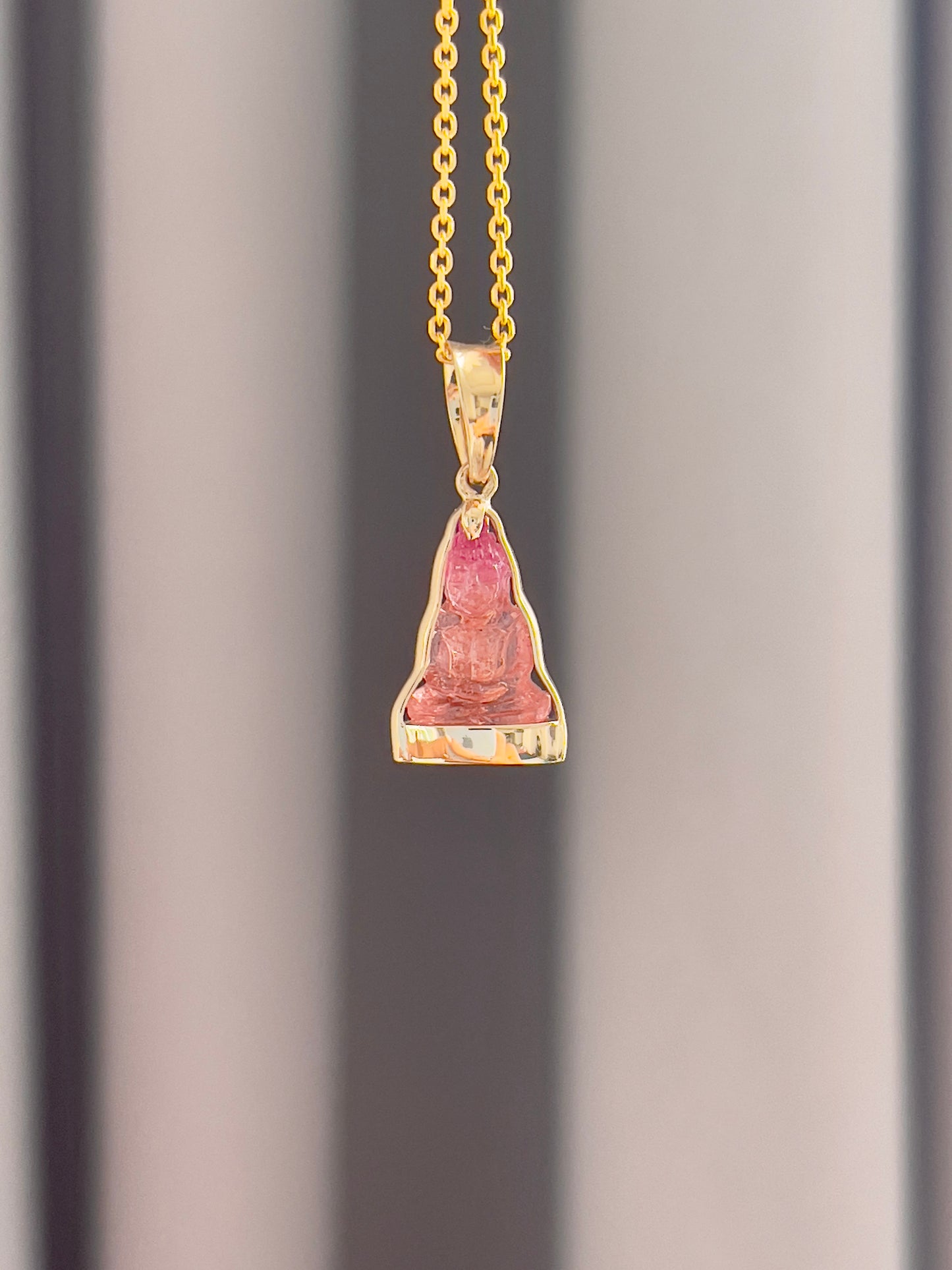 Mini Pink Bi-Color Tourmaline Gemstone Buddha Pendant in 10k Yellow Gold #871
