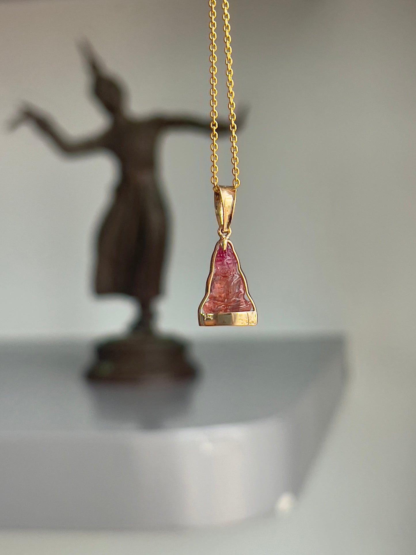 Mini Pink Bi-Color Tourmaline Gemstone Buddha Pendant in 10k Yellow Gold #871
