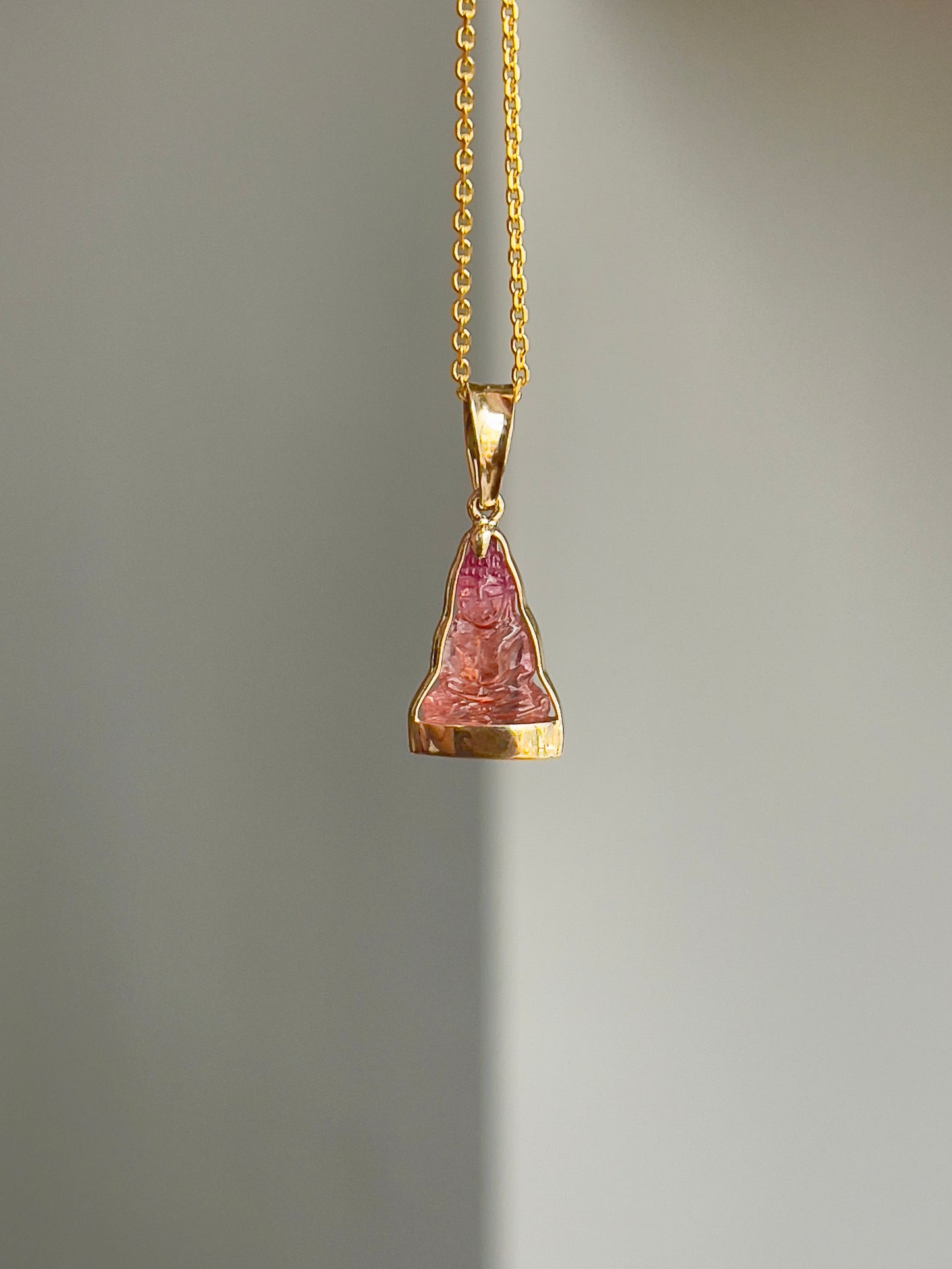 Mini Pink Bi-Color Tourmaline Gemstone Buddha Pendant in 10k Yellow Gold #871