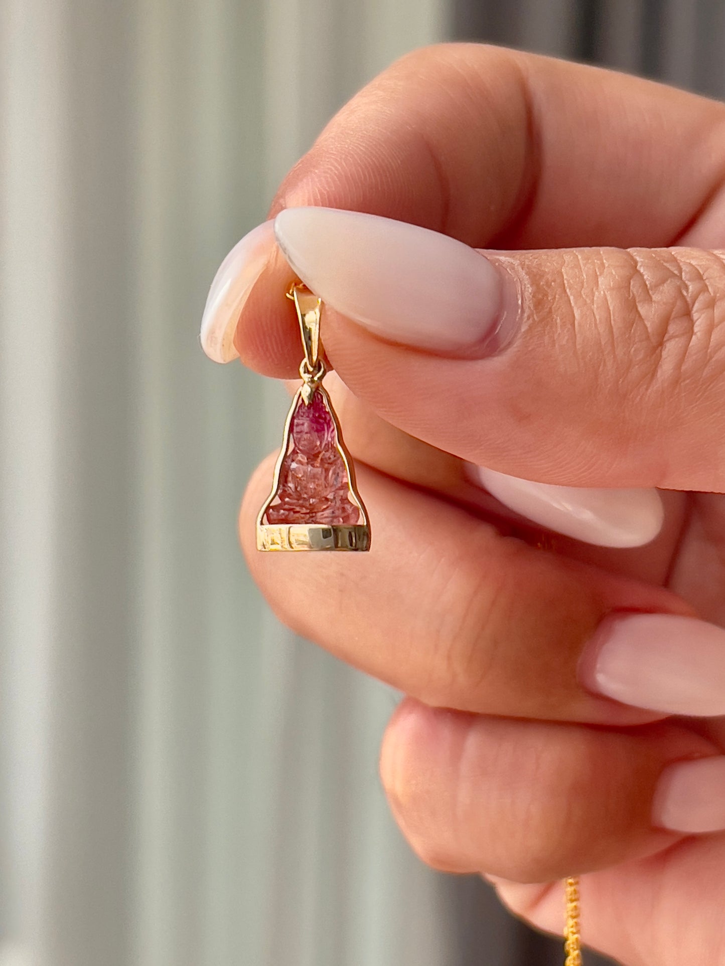 Mini Pink Bi-Color Tourmaline Gemstone Buddha Pendant in 10k Yellow Gold #871