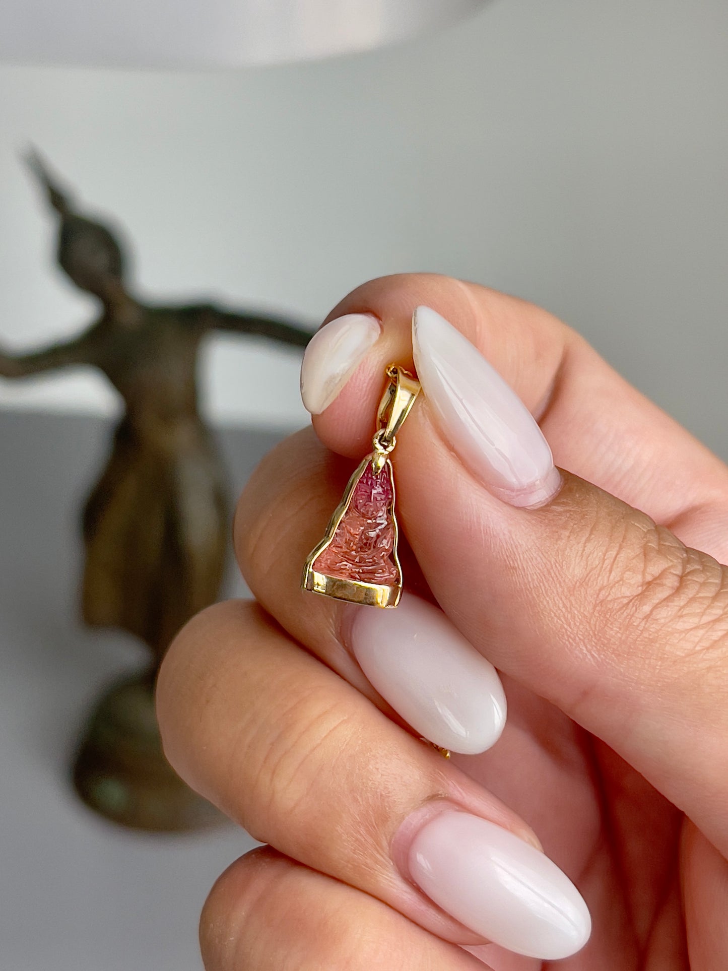 Mini Pink Bi-Color Tourmaline Gemstone Buddha Pendant in 10k Yellow Gold #871
