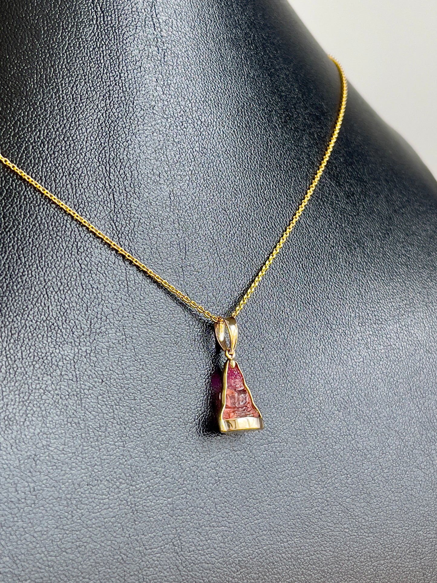 Mini Pink Bi-Color Tourmaline Gemstone Buddha Pendant in 10k Yellow Gold #871