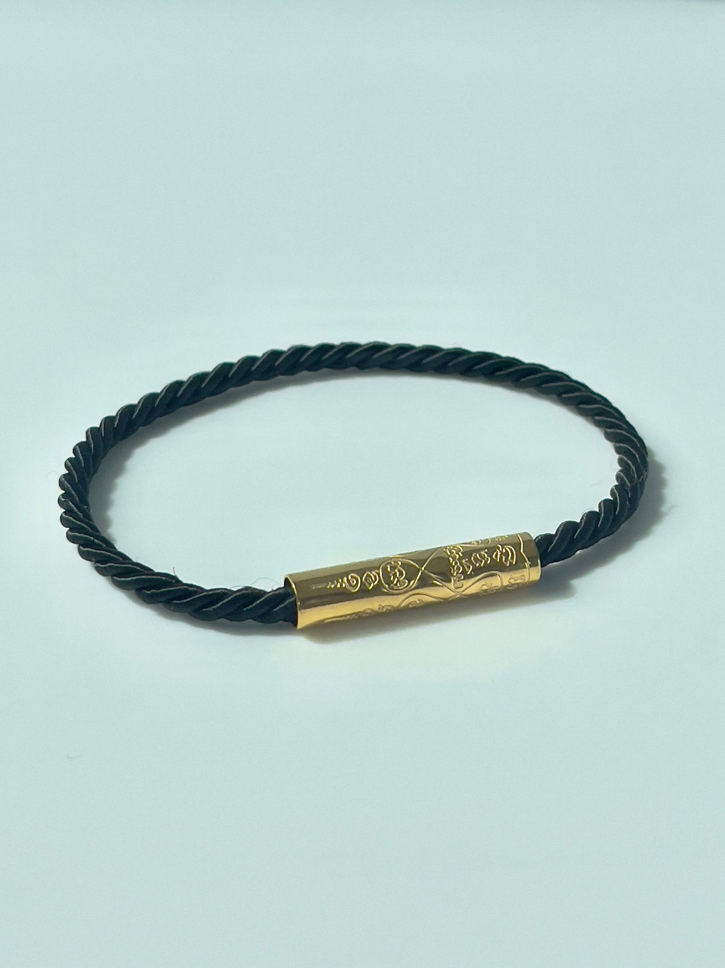 Black Sacred Yantra Bracelet – Gold Khmer Katha, Engraved Metal, Cord 7-7.5" (REGULAR)