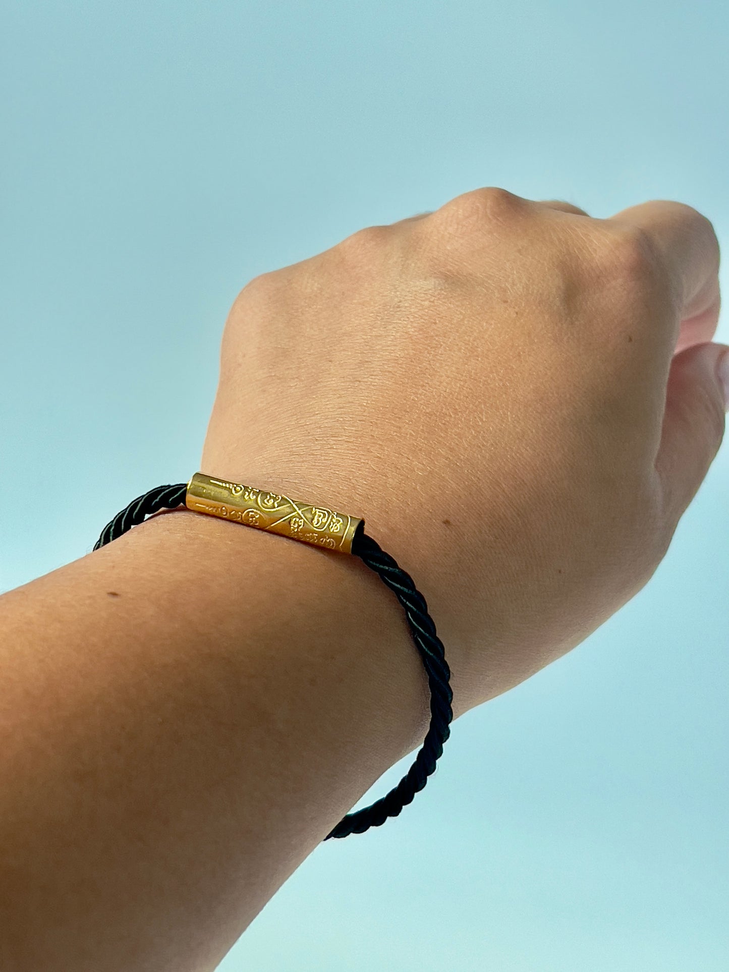 Black Sacred Yantra Bracelet – Gold Khmer Katha, Engraved Metal, Cord 7-7.5" (REGULAR)