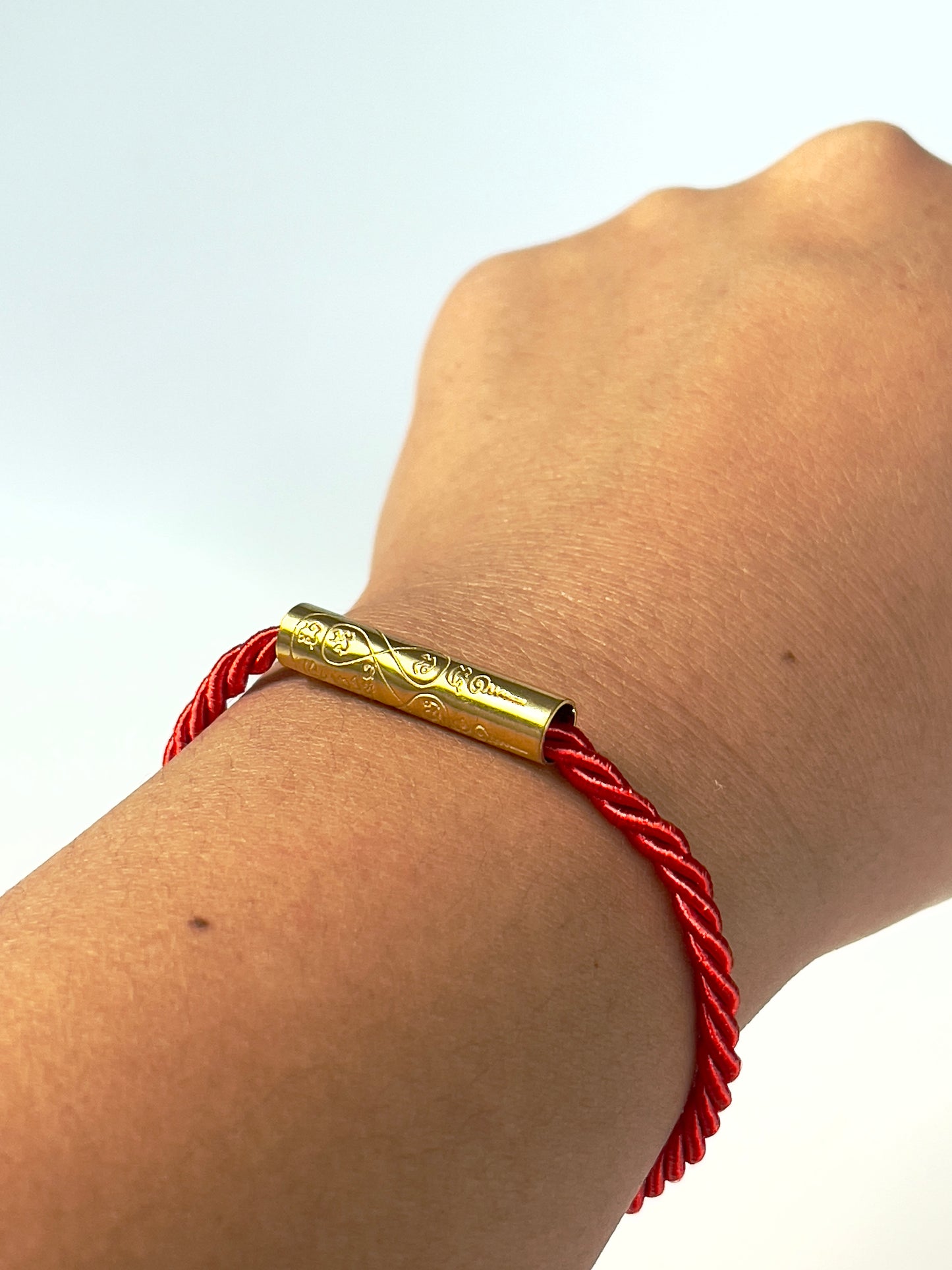 Red Sacred Yantra Bracelet – Gold Khmer Katha, Engraved Metal, Cord 7-7.5" (REGULAR)