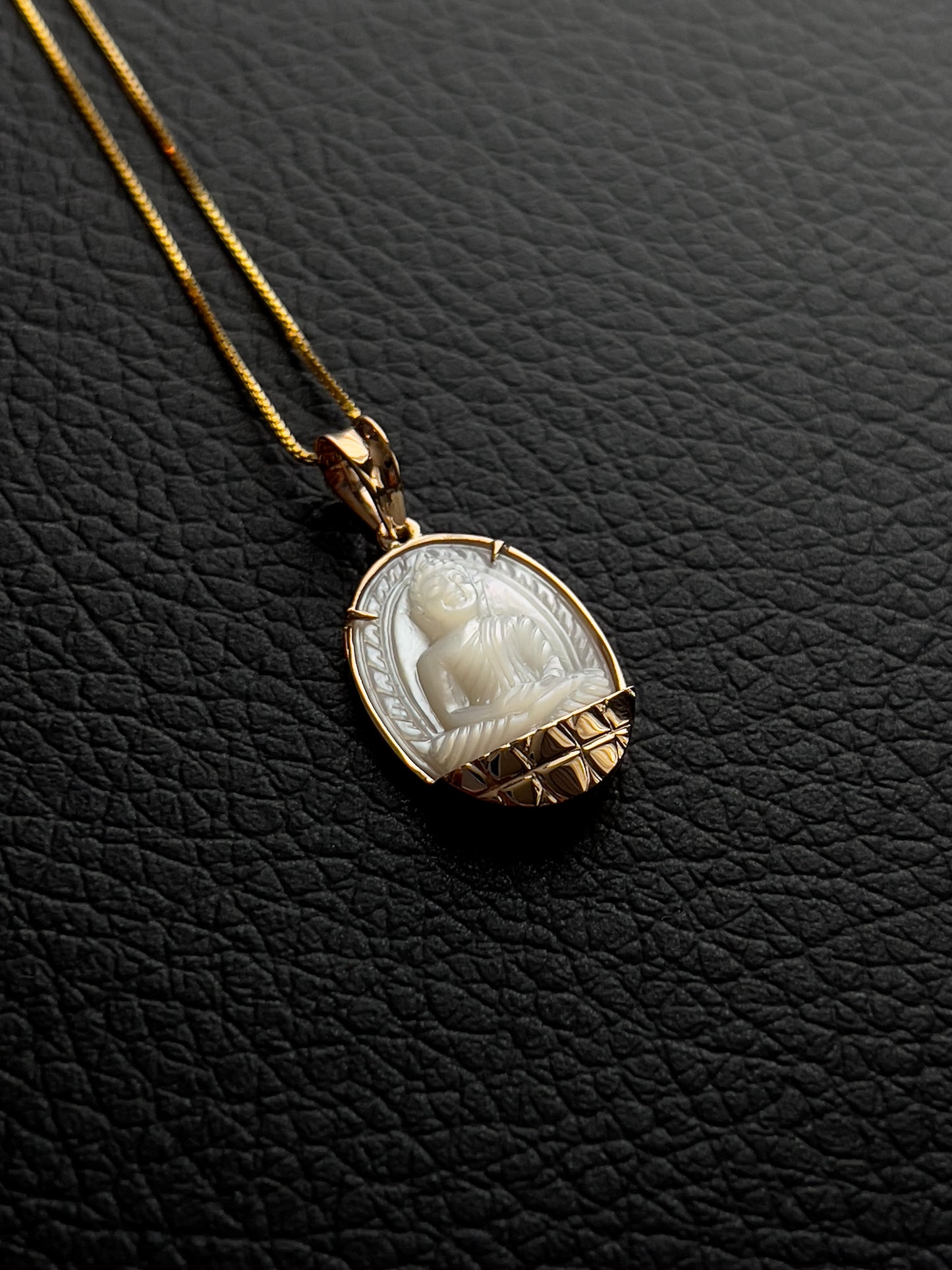 Mother of Pearl Oval Cabochon Buddha with Gold Lotus Pendant 18k Gold