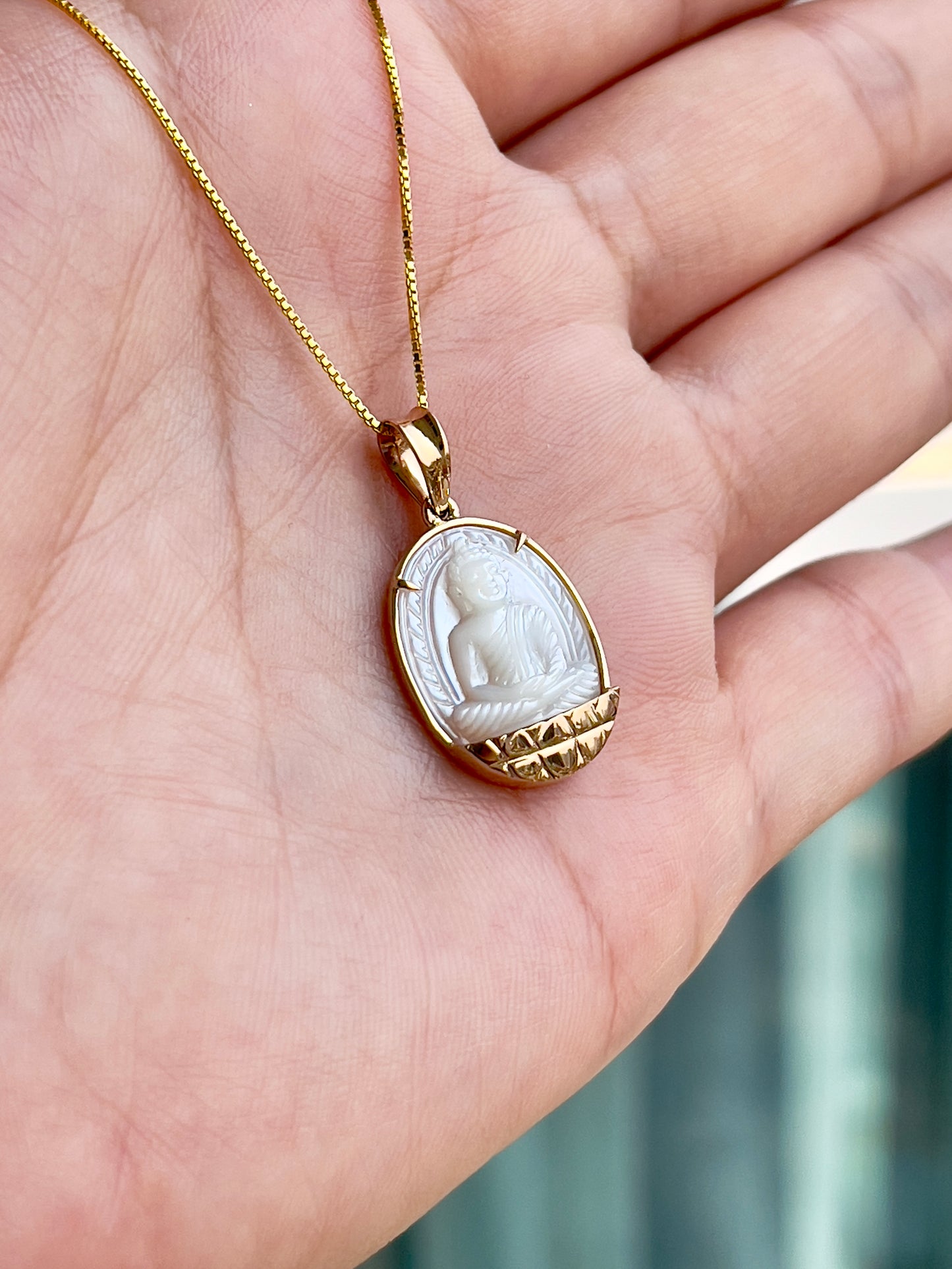 Mother of Pearl Oval Cabochon Buddha with Gold Lotus Pendant 18k Gold