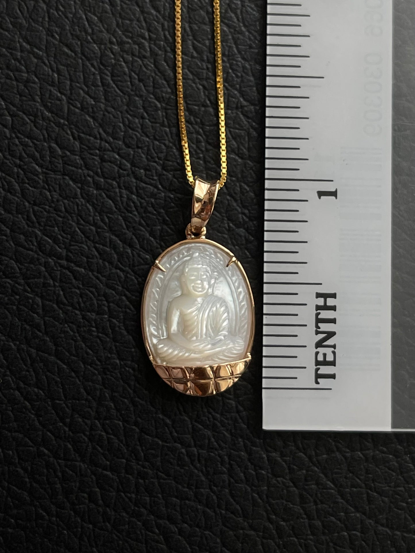 Mother of Pearl Oval Cabochon Buddha with Gold Lotus Pendant 18k Gold