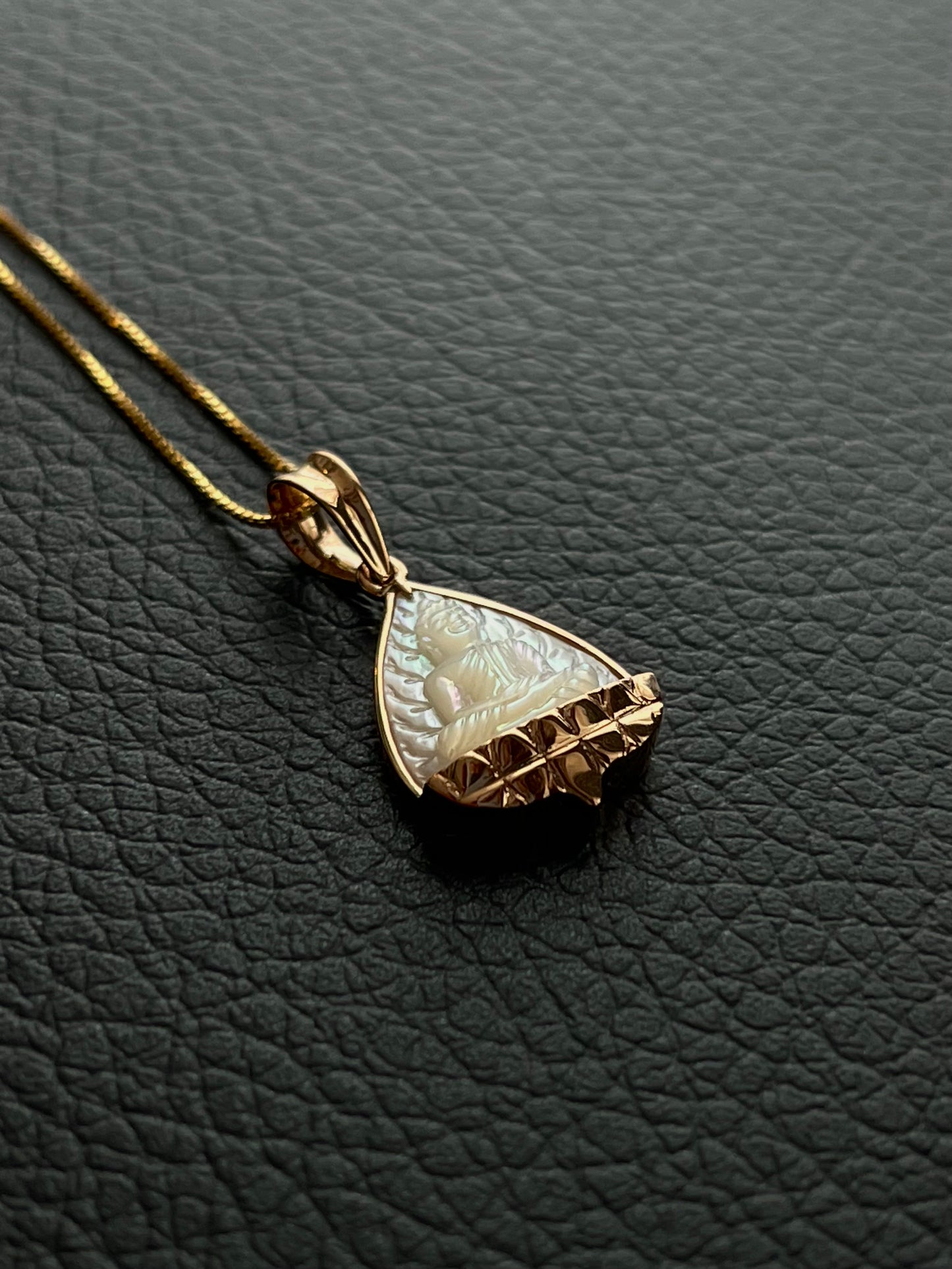 Mother of Pearl Banyan Leaf Buddha with Gold Lotus Pendant 18k Gold