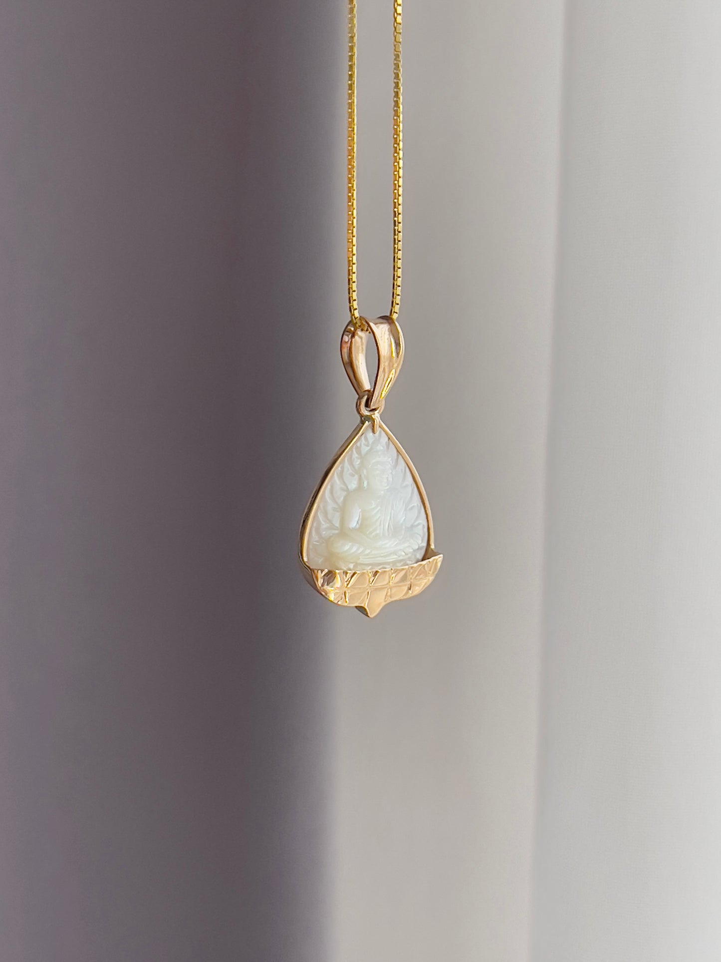 Mother of Pearl Banyan Leaf Buddha with Gold Lotus Pendant 18k Gold