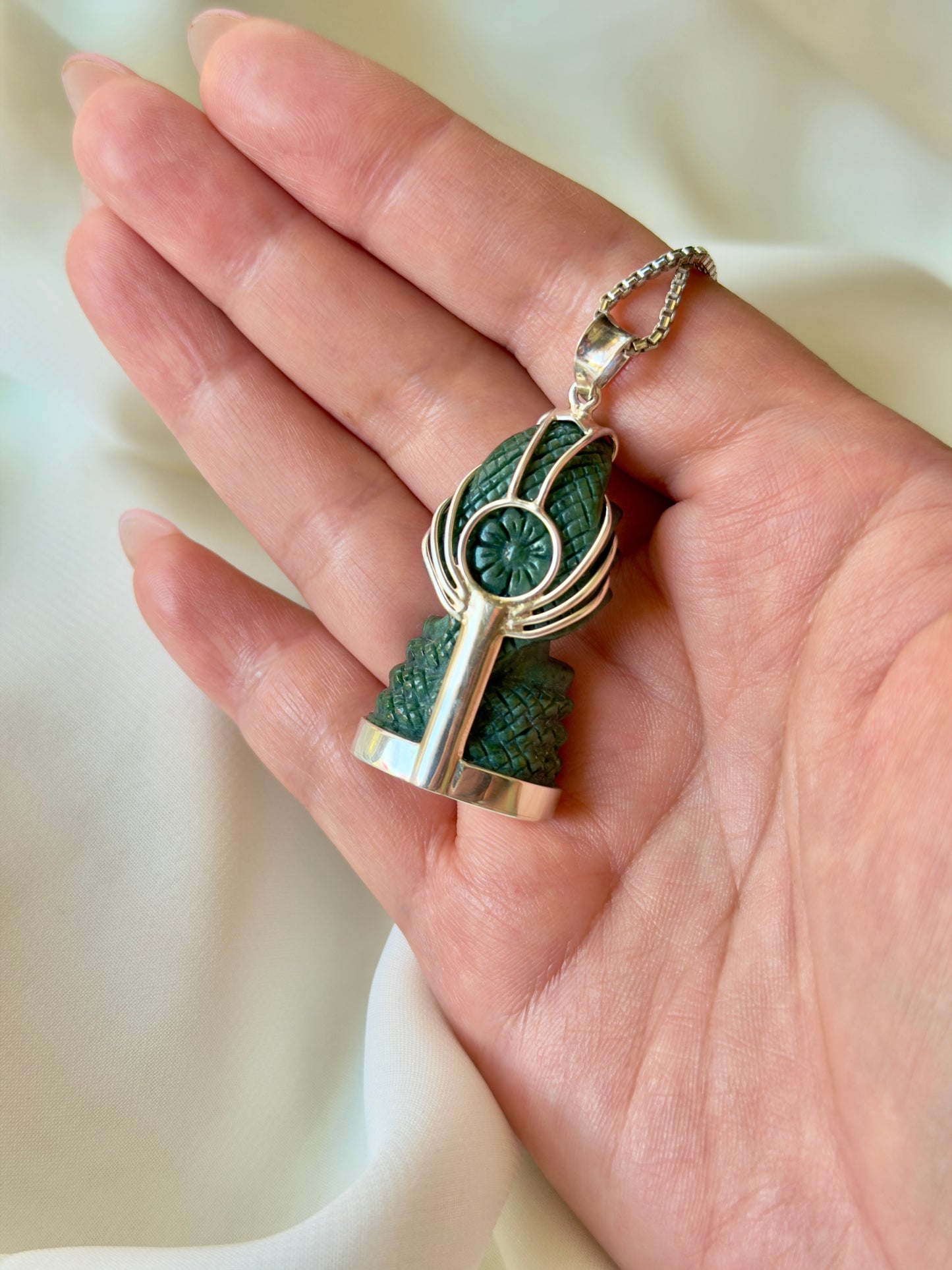 Khmer Style Green Pursat Stone Naga Buddha in Silver