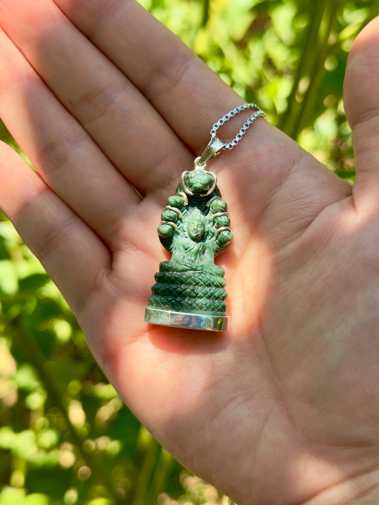 Khmer Style Green Pursat Stone Naga Buddha in Silver