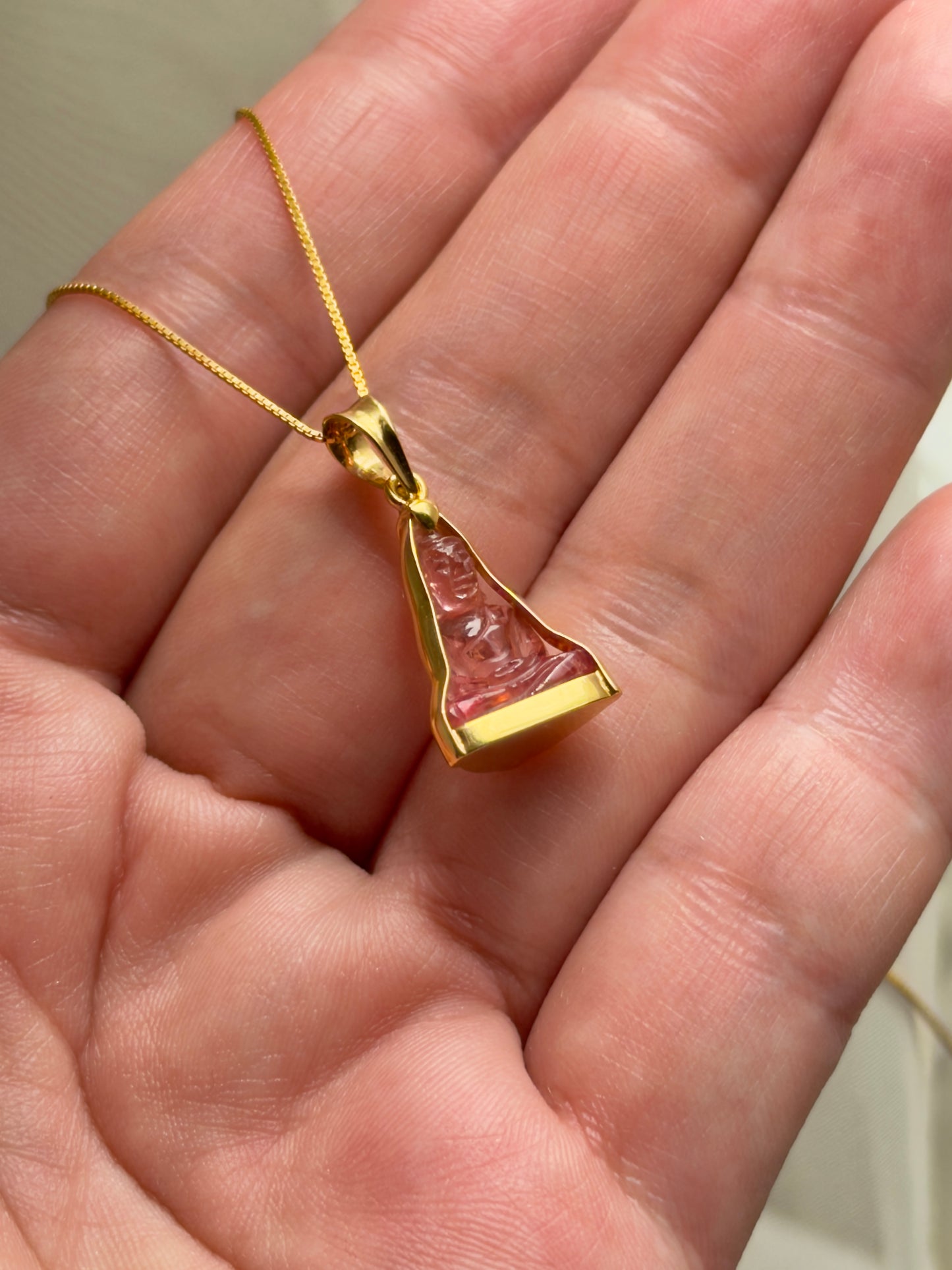 Pink Tourmaline Gemstone Buddha Pendant 18k Gold #915