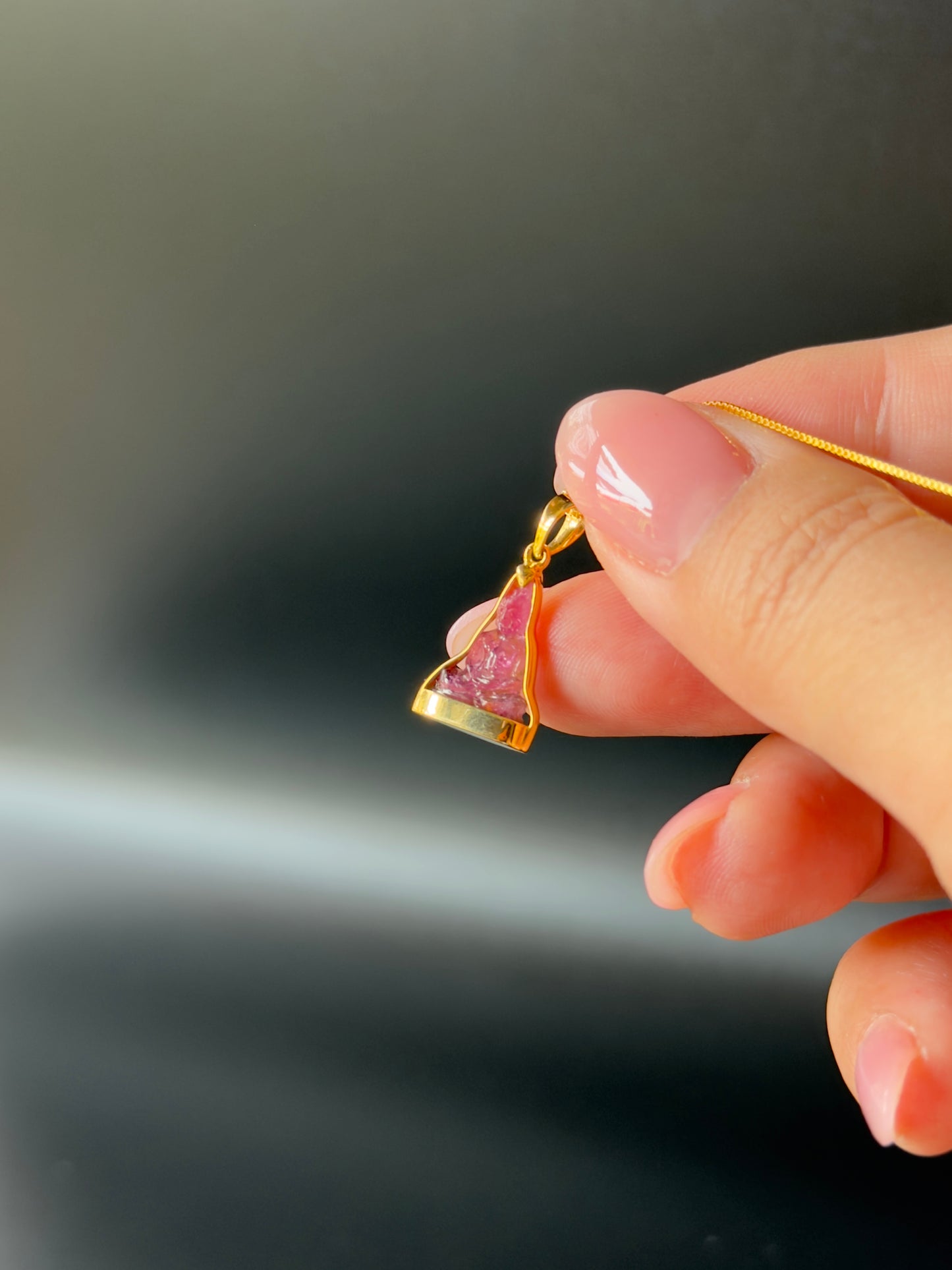 Pink Tourmaline Gemstone Buddha Pendant 18k Gold #916
