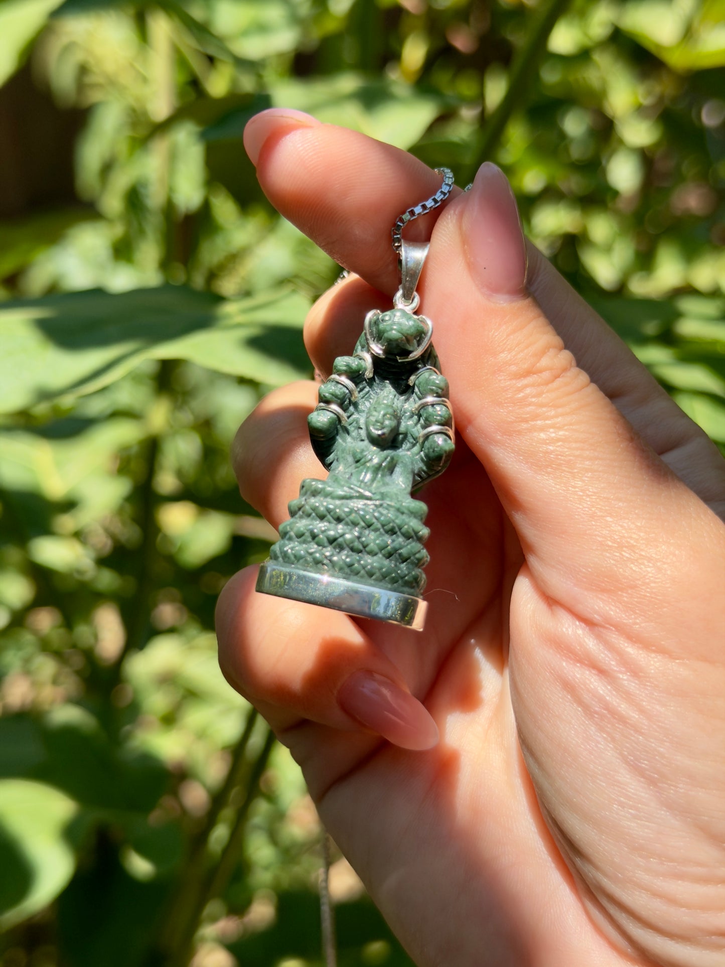 Khmer Style Green Pursat Stone Naga Buddha in Silver