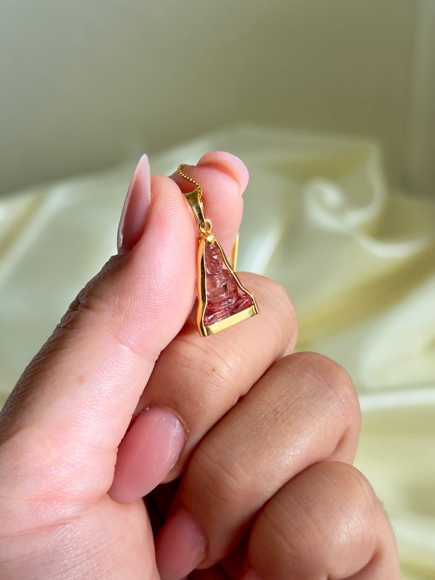 Pink Tourmaline Gemstone Buddha Pendant 18k Gold #915