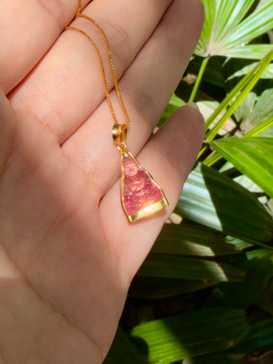 Pink Tourmaline Gemstone Buddha Pendant 18k Gold #914