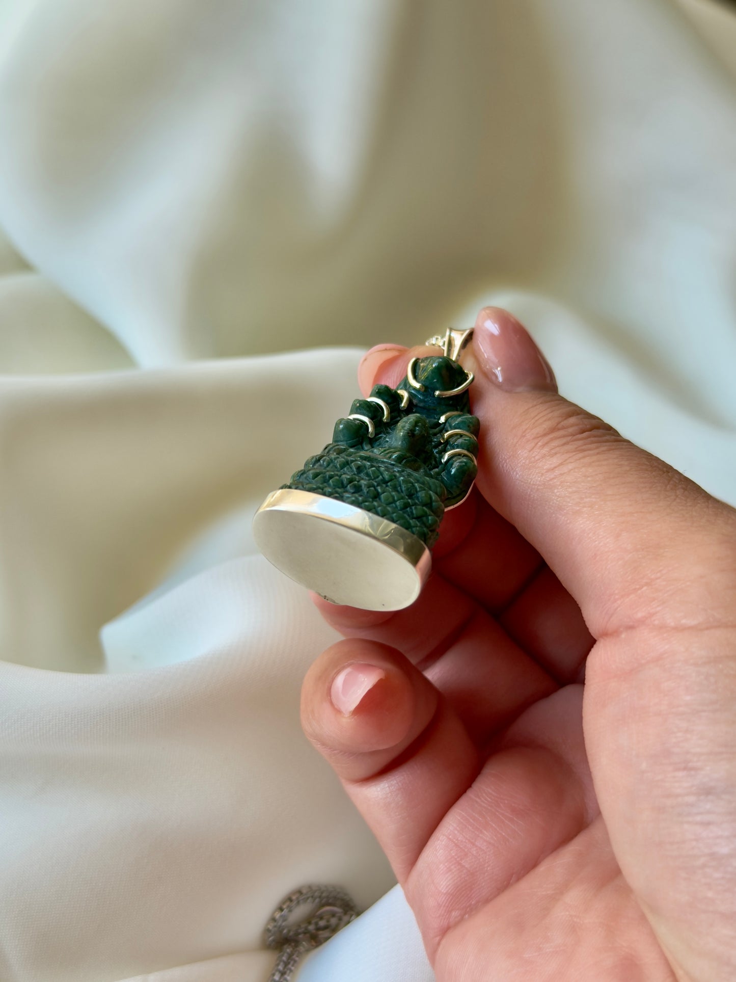 Khmer Style Green Pursat Stone Naga Buddha in Silver