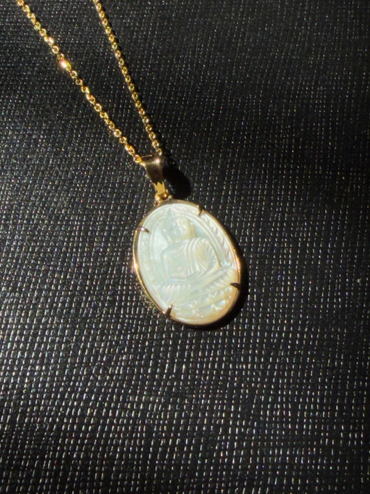 Mother of Pearl Oval Cabochon Buddha Pendant 10k Gold