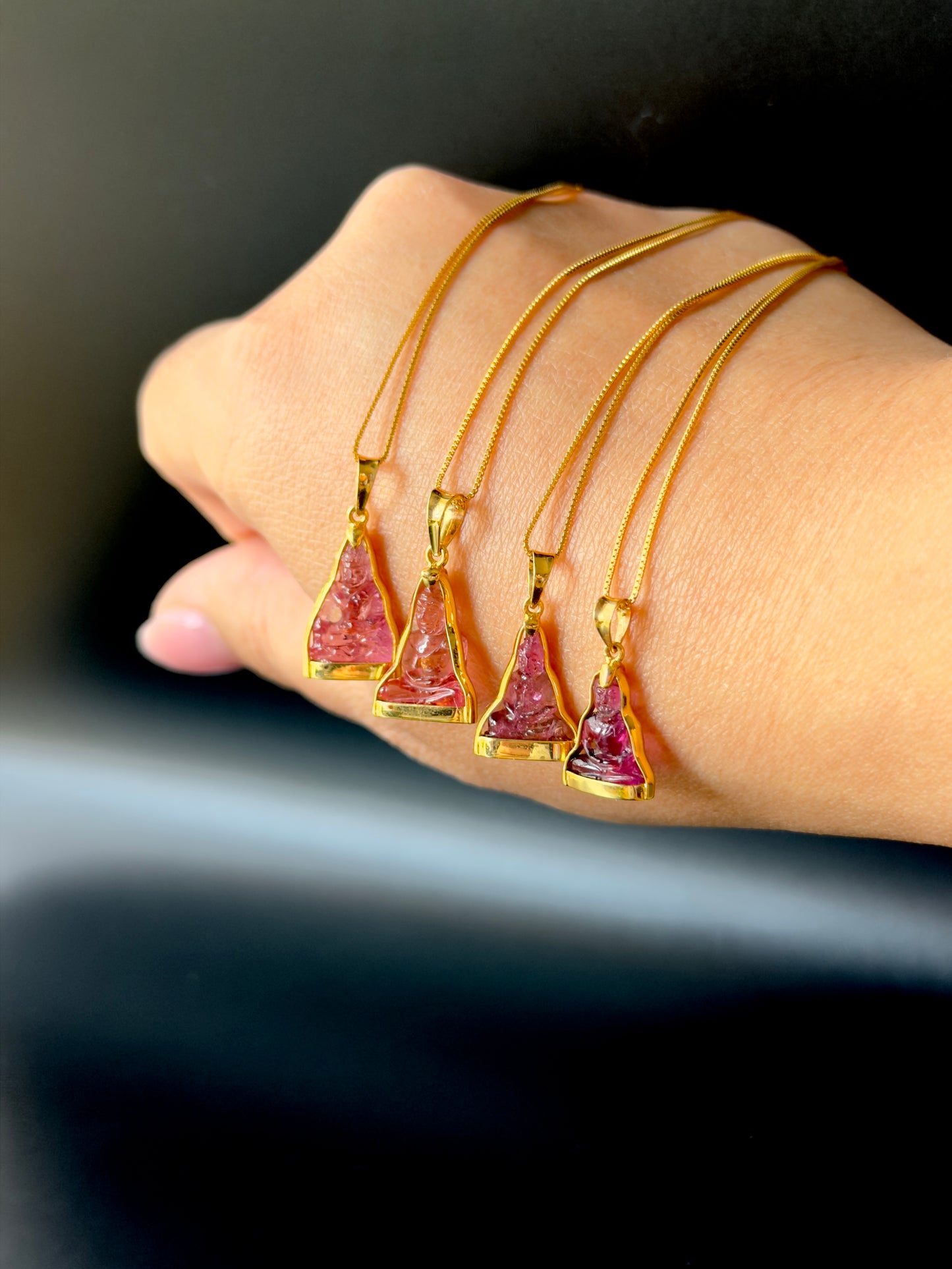 Pink Tourmaline Gemstone Buddha Pendant 18k Gold #915