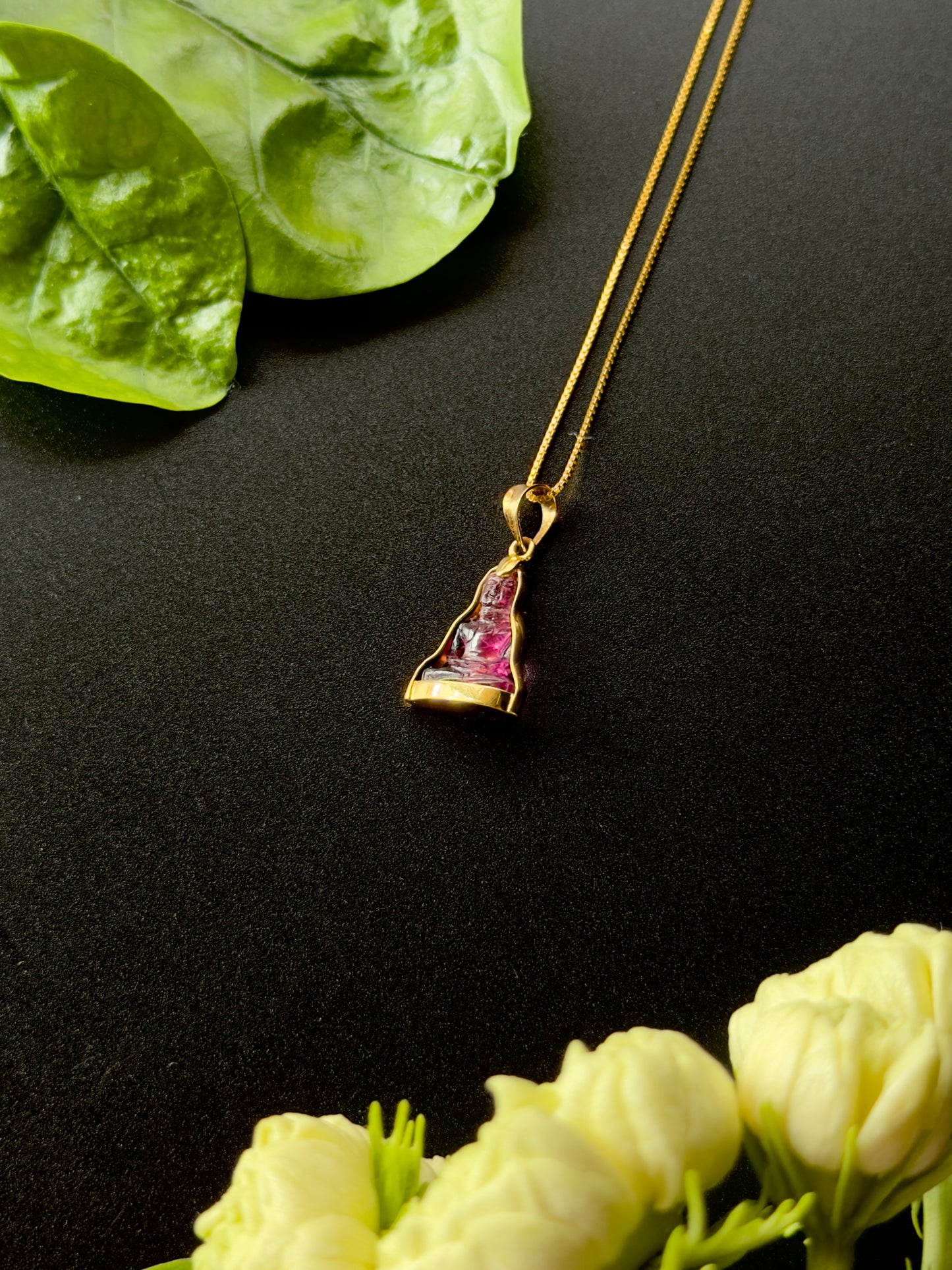 Pink Tourmaline Gemstone Buddha Pendant 18k Gold #917