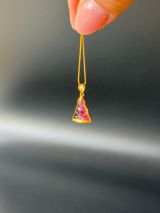 Pink Tourmaline Gemstone Buddha Pendant 18k Gold #917